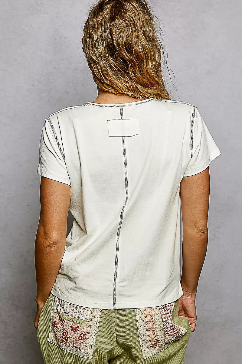 POL Contrast Stitching Round Neck Short Sleeve T-Shirt