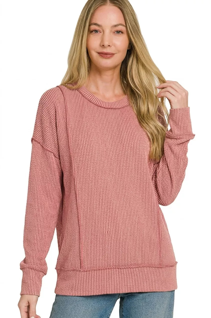 Zenana Corded Rib Long Sleeve Round Neck Top