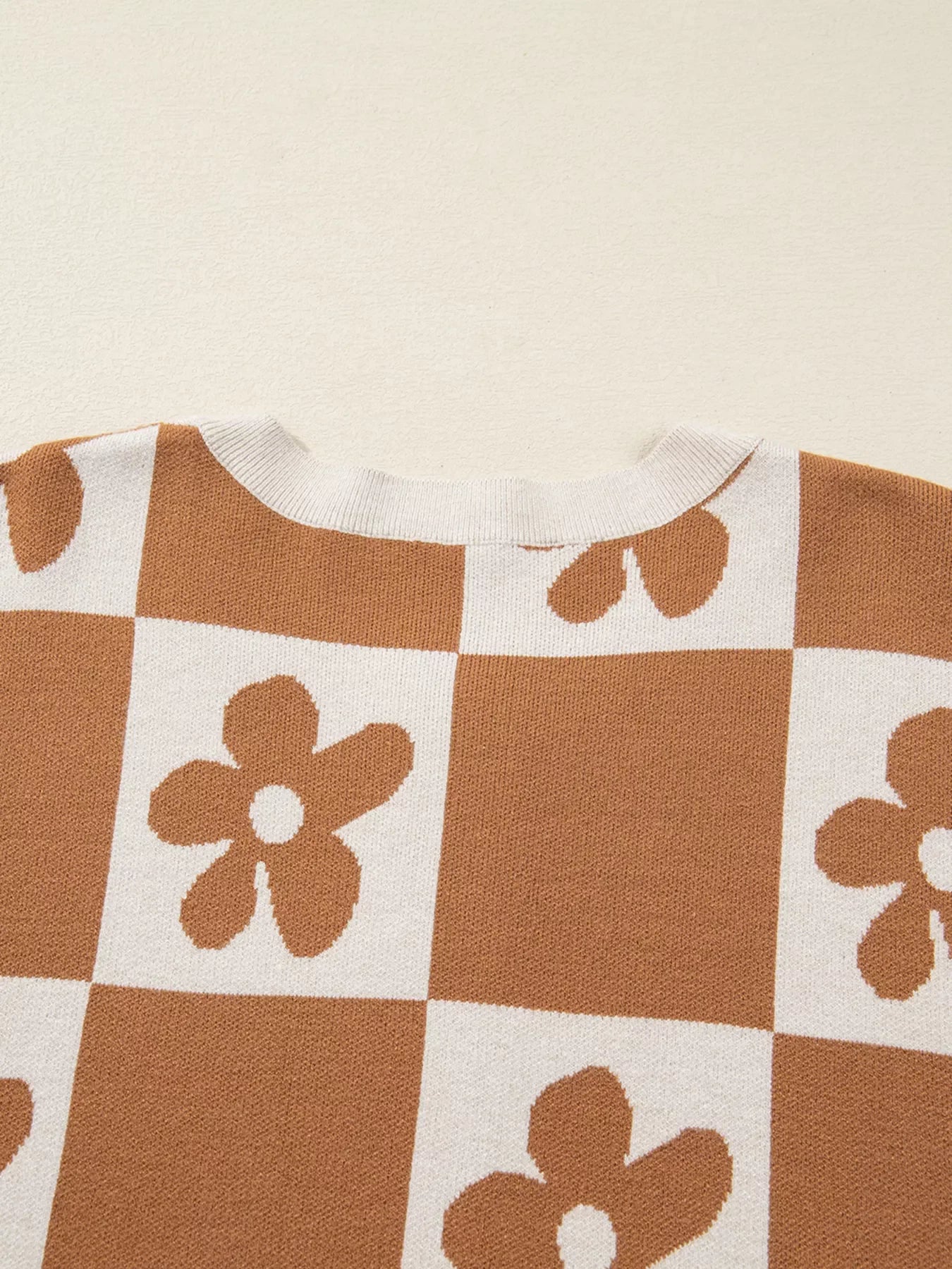 Flower Plaid Henley Baggy Sweater