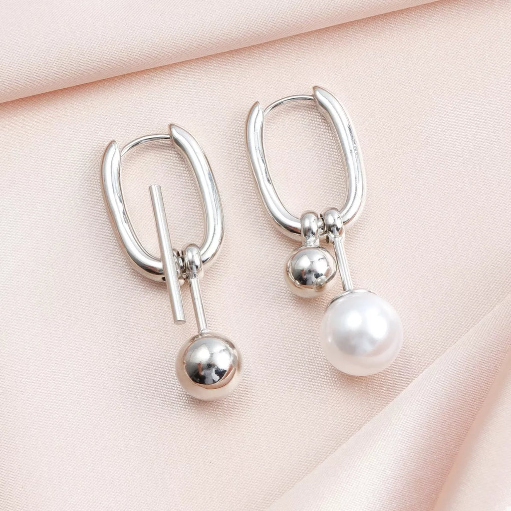 Asymmetrical Pearl Drop Hoop Earrings
