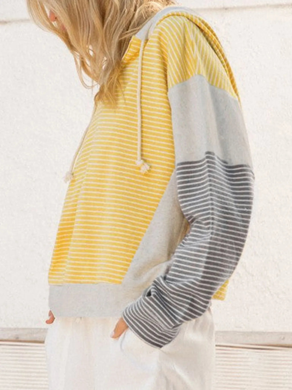 Striped Color Block Hoodie with Drawstring