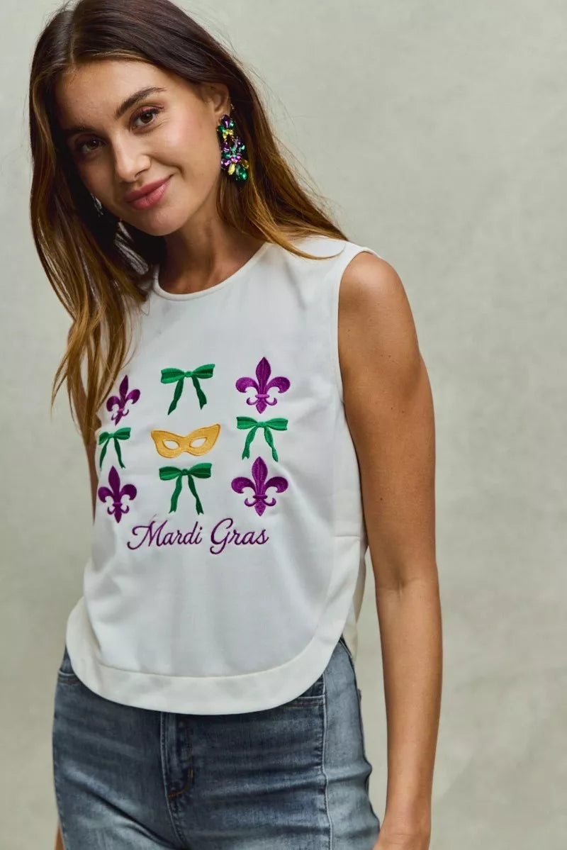 SO ME Mardi Gras Fleur De Lis And Ribbon Embroidered Top