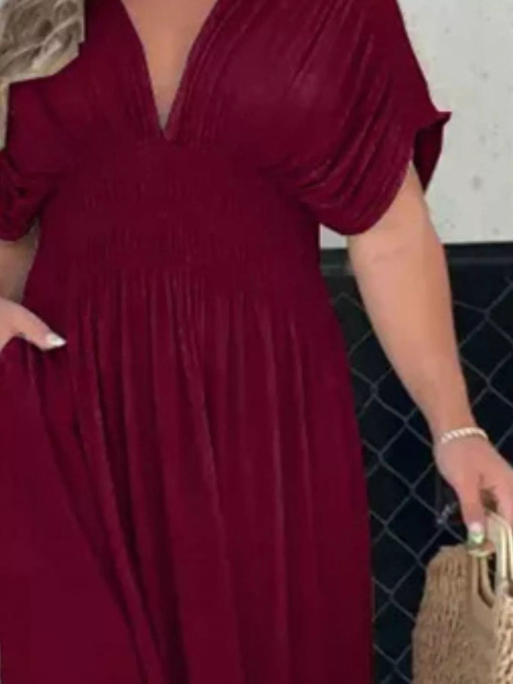 Full Size Slit V-Neck Smocked Waist Maxi Dress Plus Size