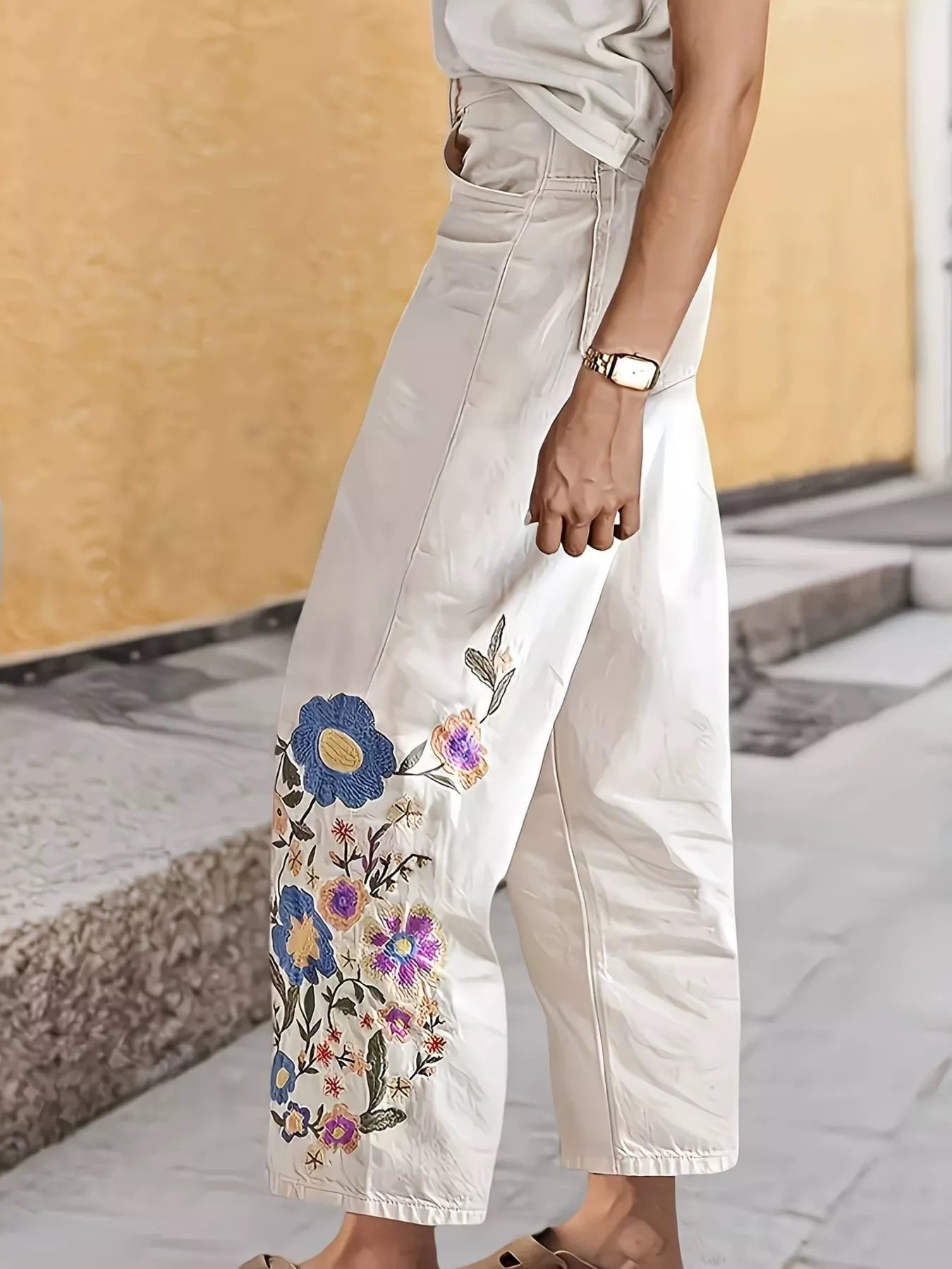 Embroidered Floral Wide-Leg Jeans
