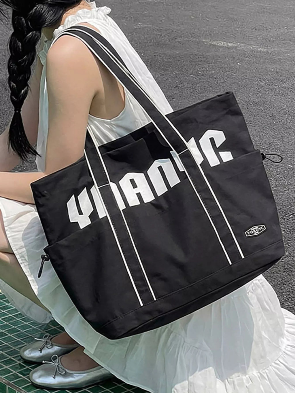 Drawstring Letter Shoulder Bag