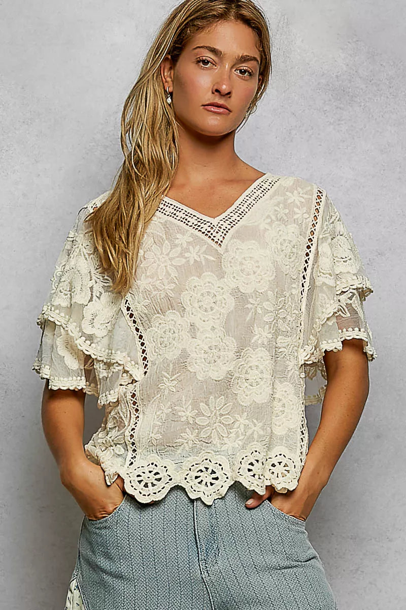 POL Floral Crochet V-Neck Short Sleeve Blouse with Scalloped Hem