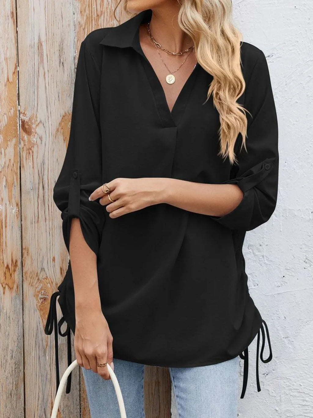 Drawstring Johnny Collared Three-Quarter Sleeve Top