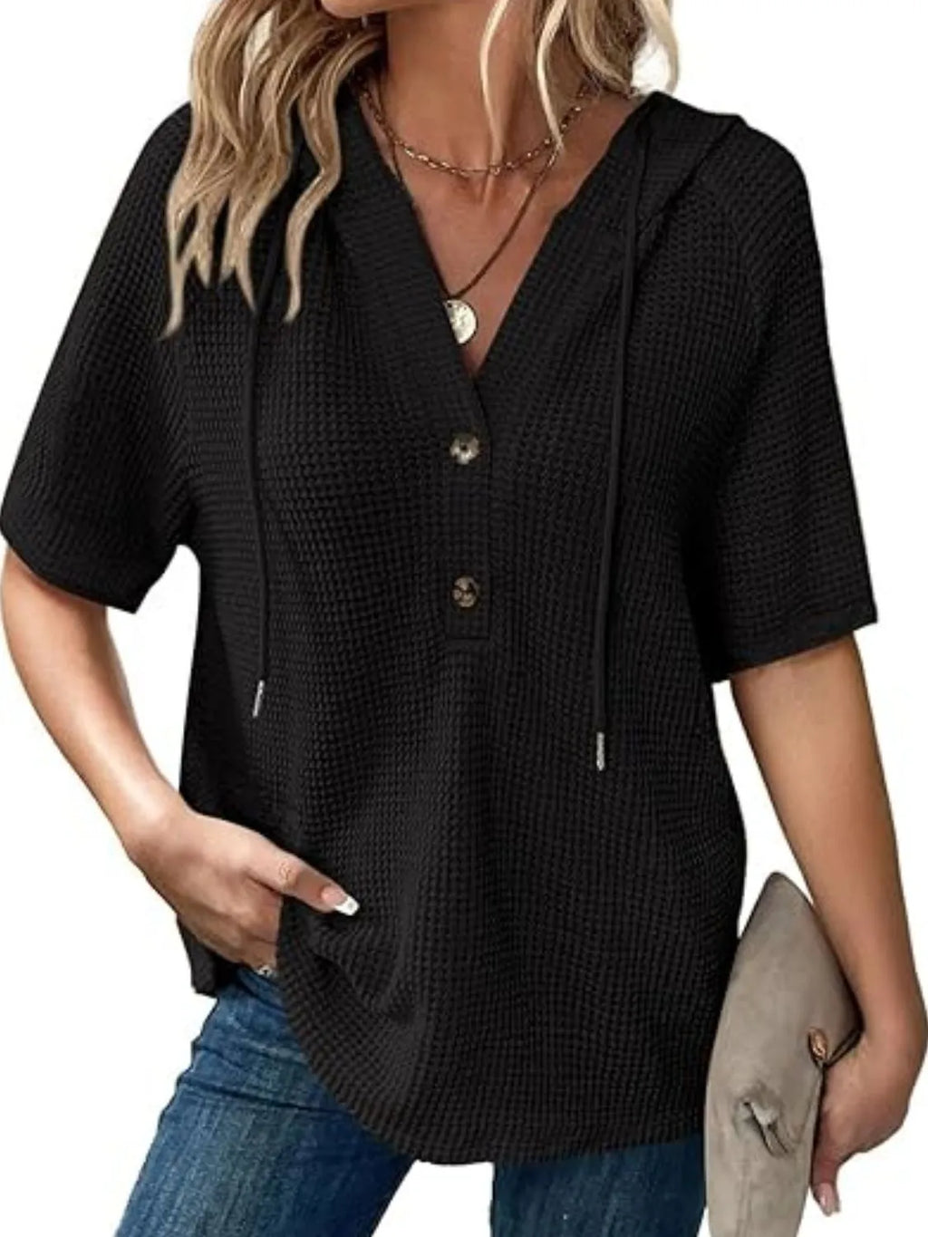 Drawstring Waffle-Knit Short Sleeve Hooded Top