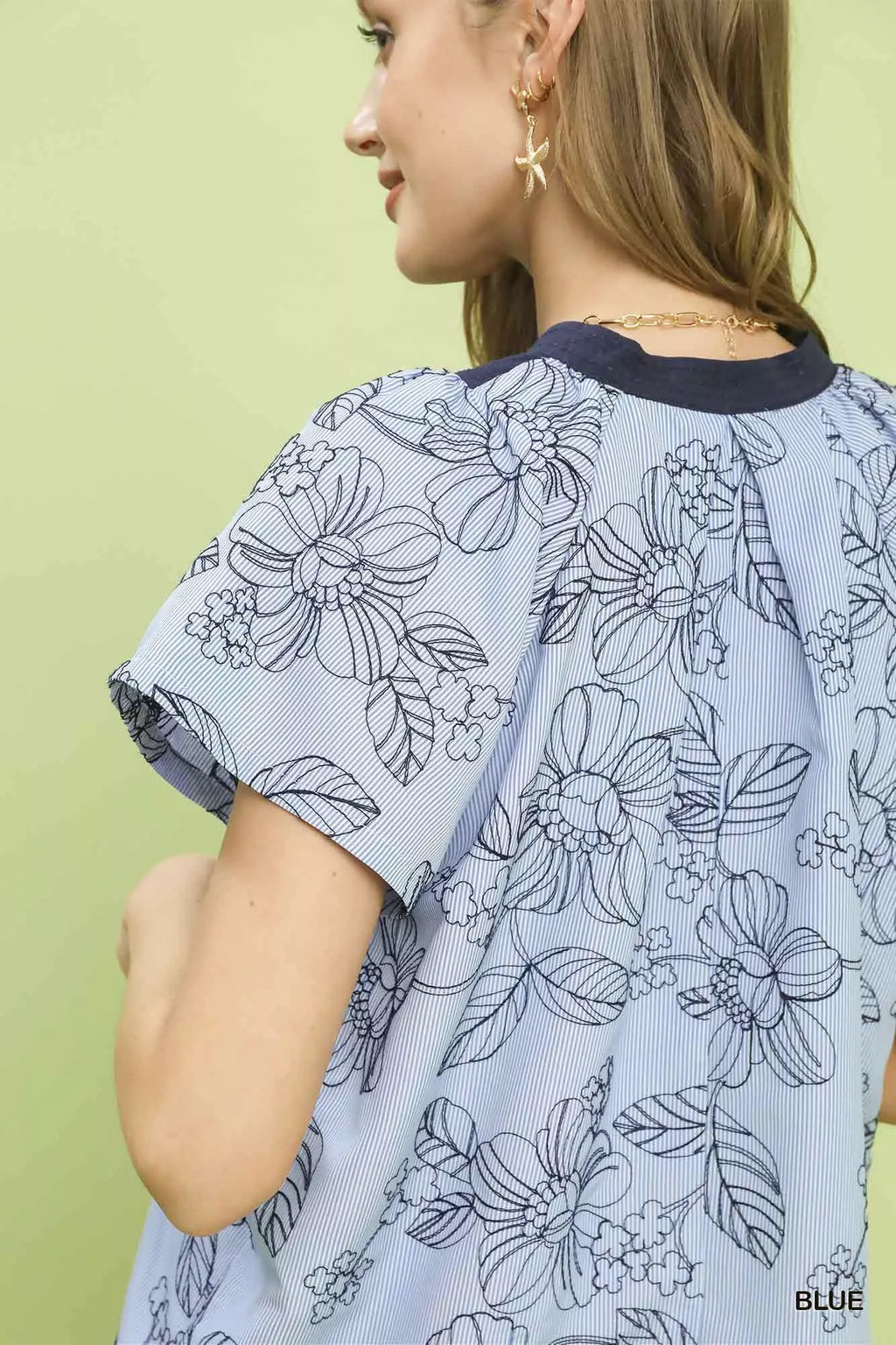 Umgee Stripe Embroidered Mixed Collar V-Neck Top