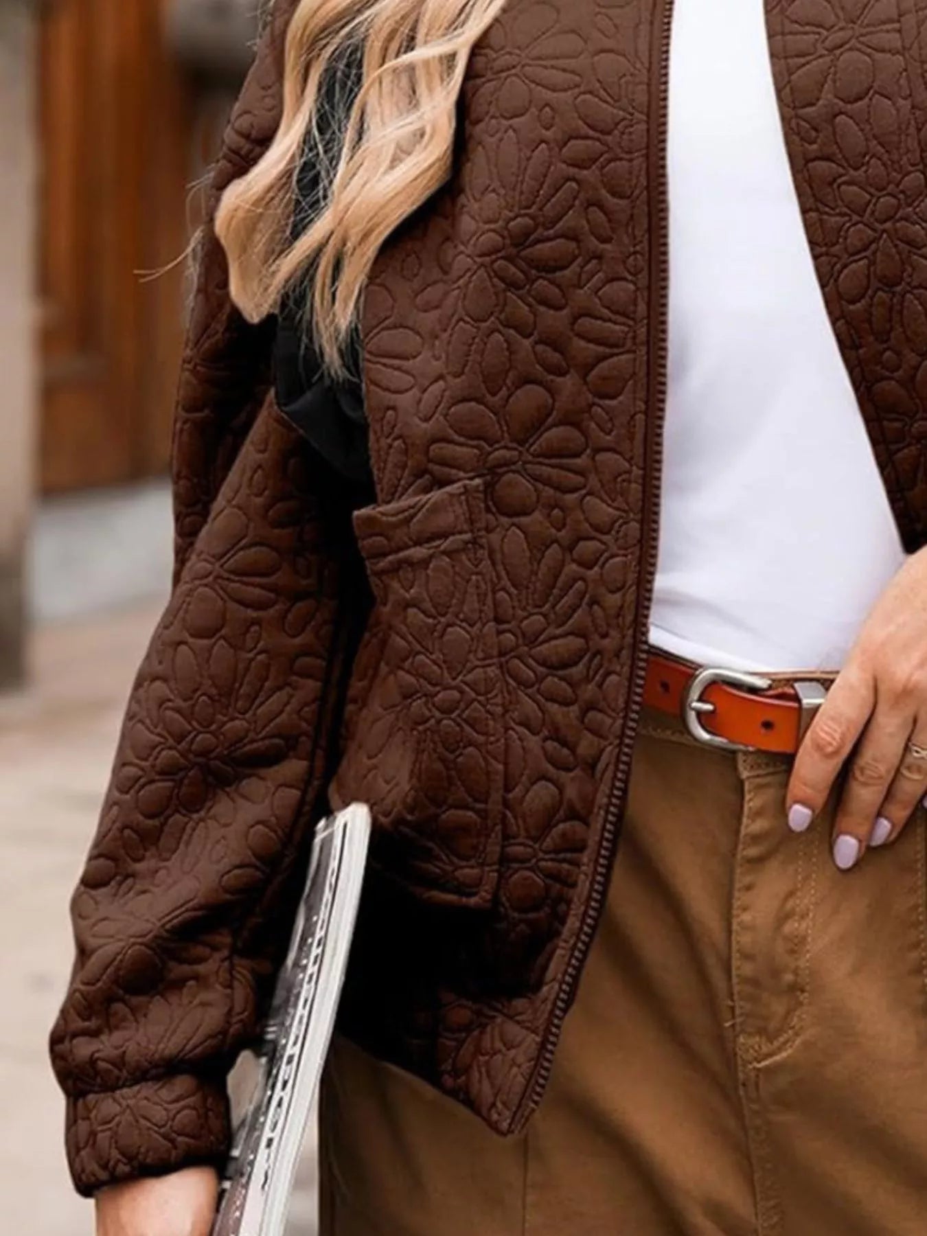 Full Size Floral Quilted Zip Up Jacket Plus Size