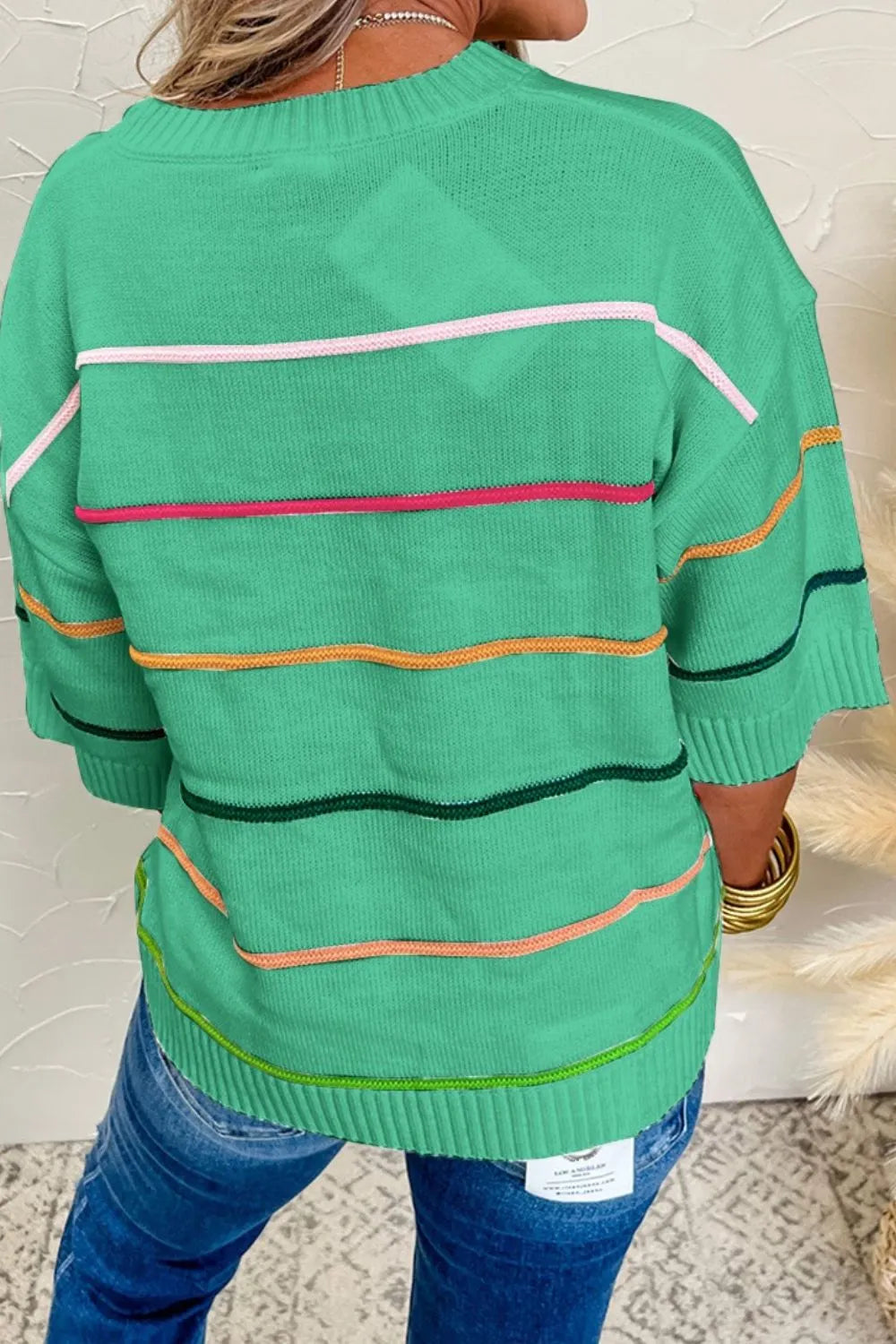 Striped Round Neck Half Sleeve Sweater