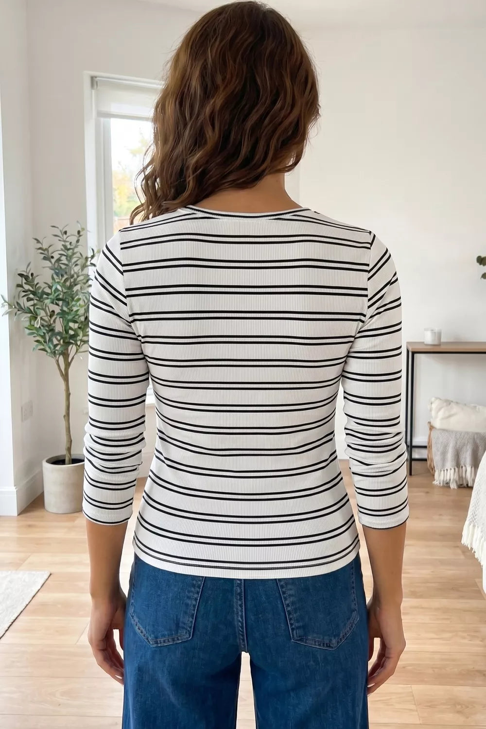 Stripe Ribbed Knit Round Neck Long Sleeve Top