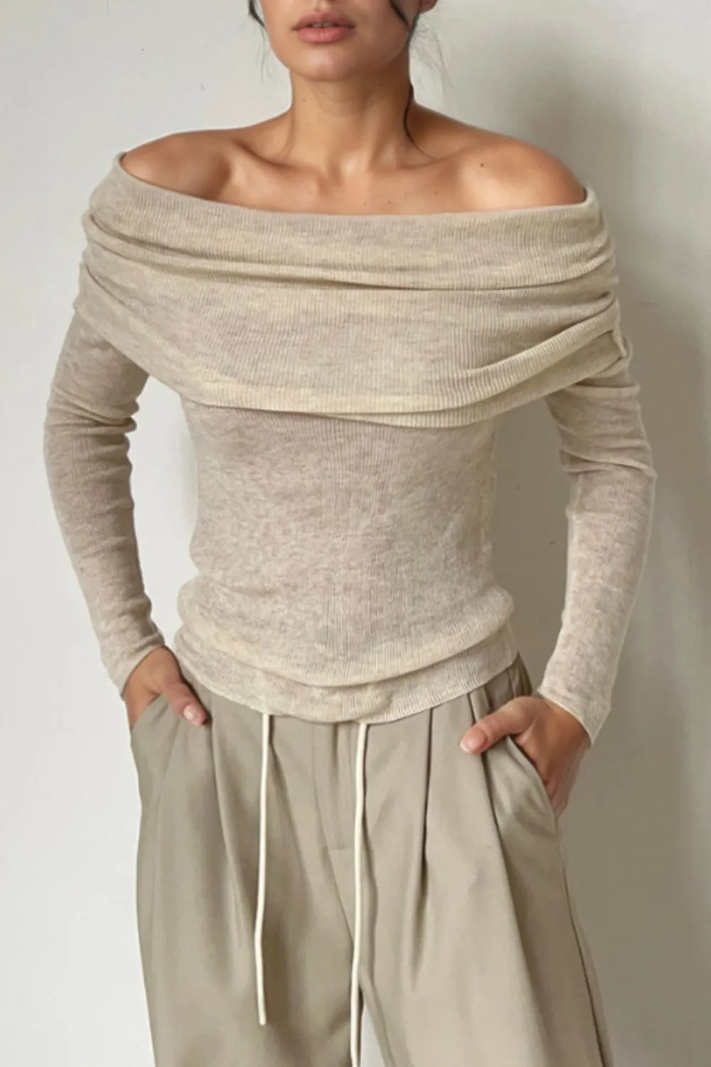 Off-Shoulder Long Sleeve Knit Top