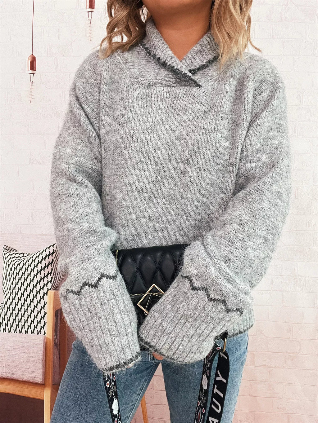 Ribbed Contrast Trim Long Sleeve Sweater