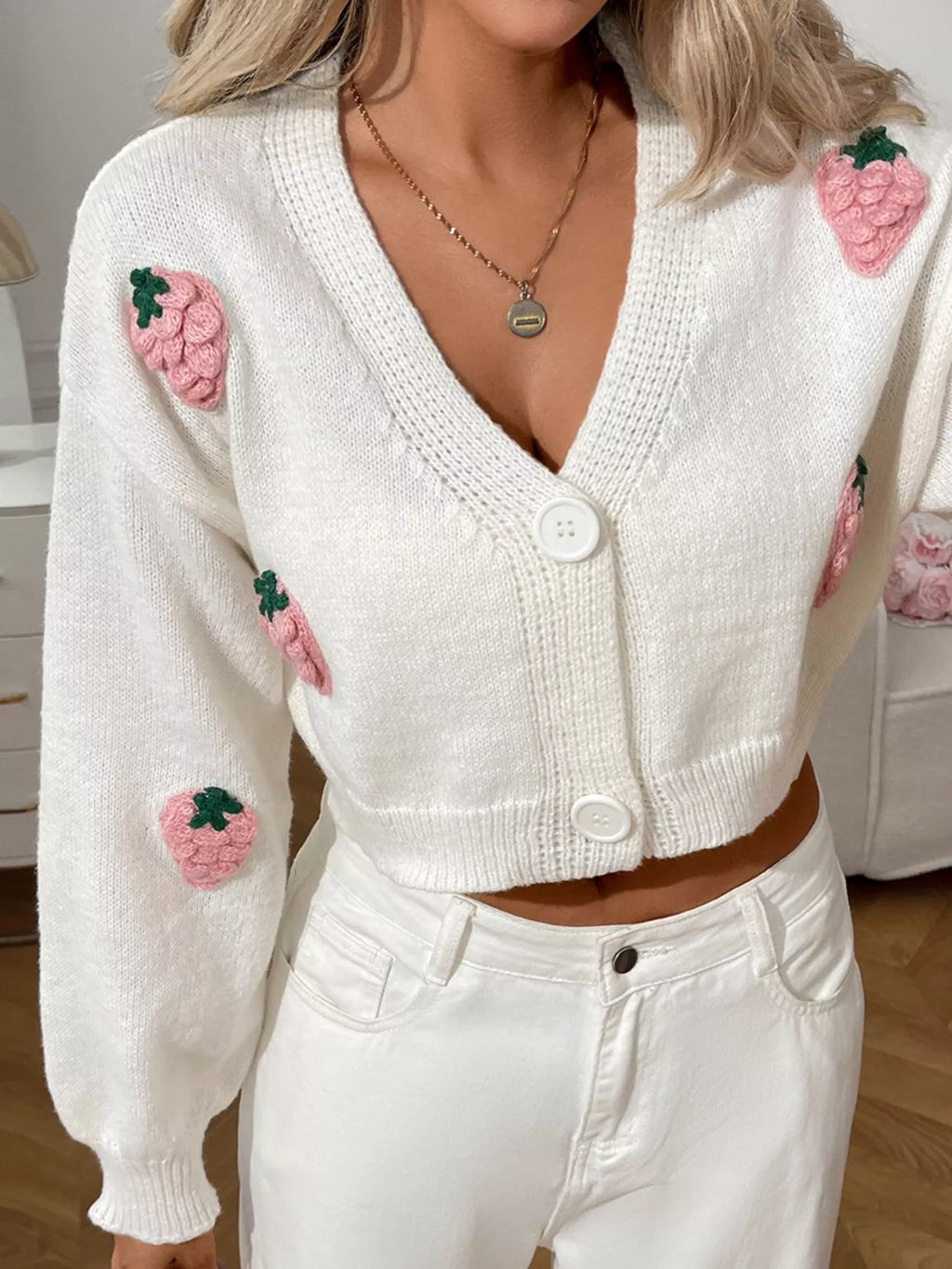Strawberry Cropped Button-Up Cardigan
