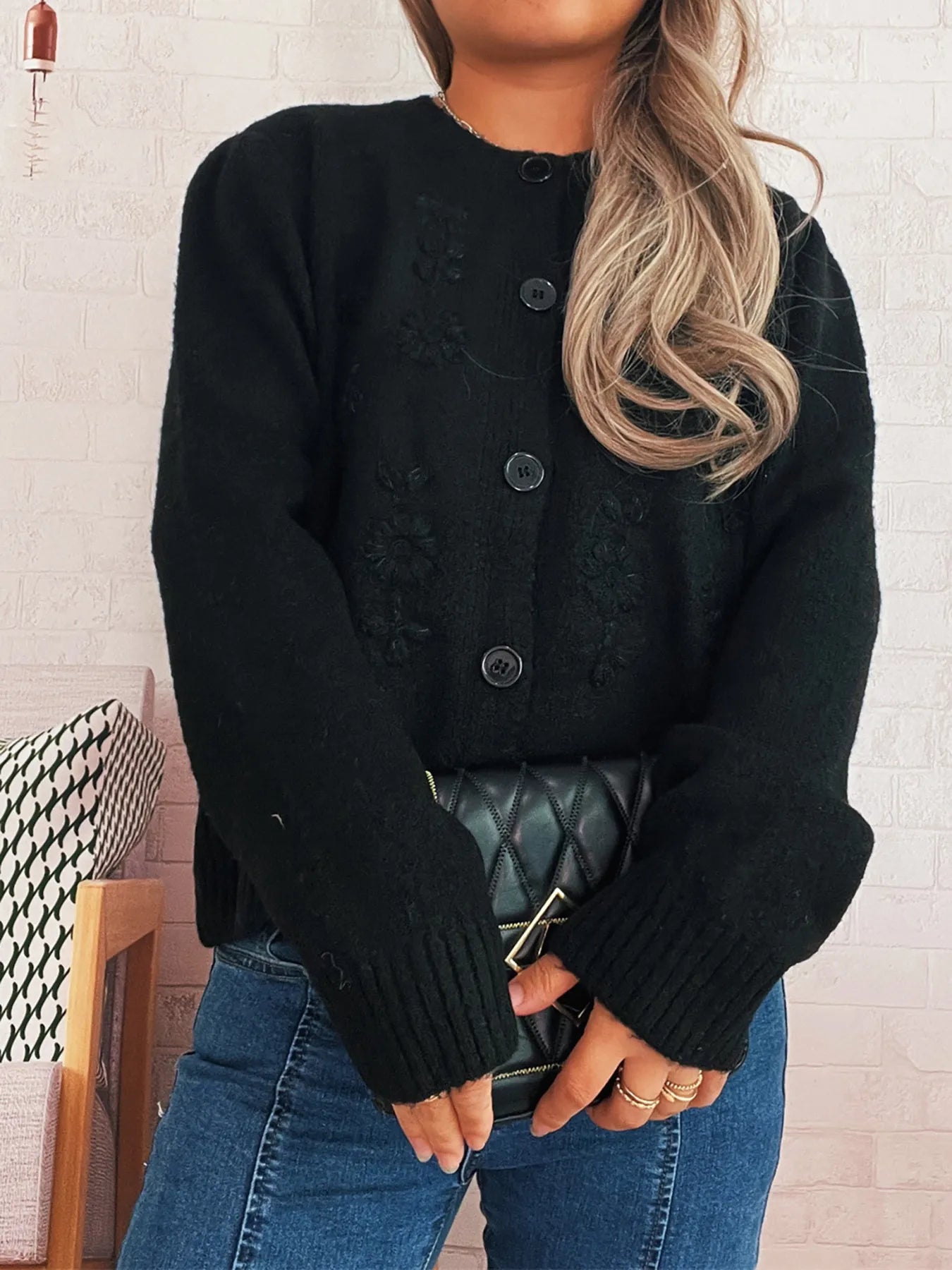Flower Button Up Ribbed Hem Cardigan