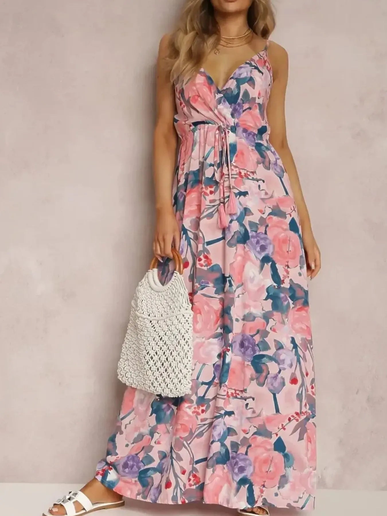 Floral Print Surplice Spaghetti Strap Maxi Dress