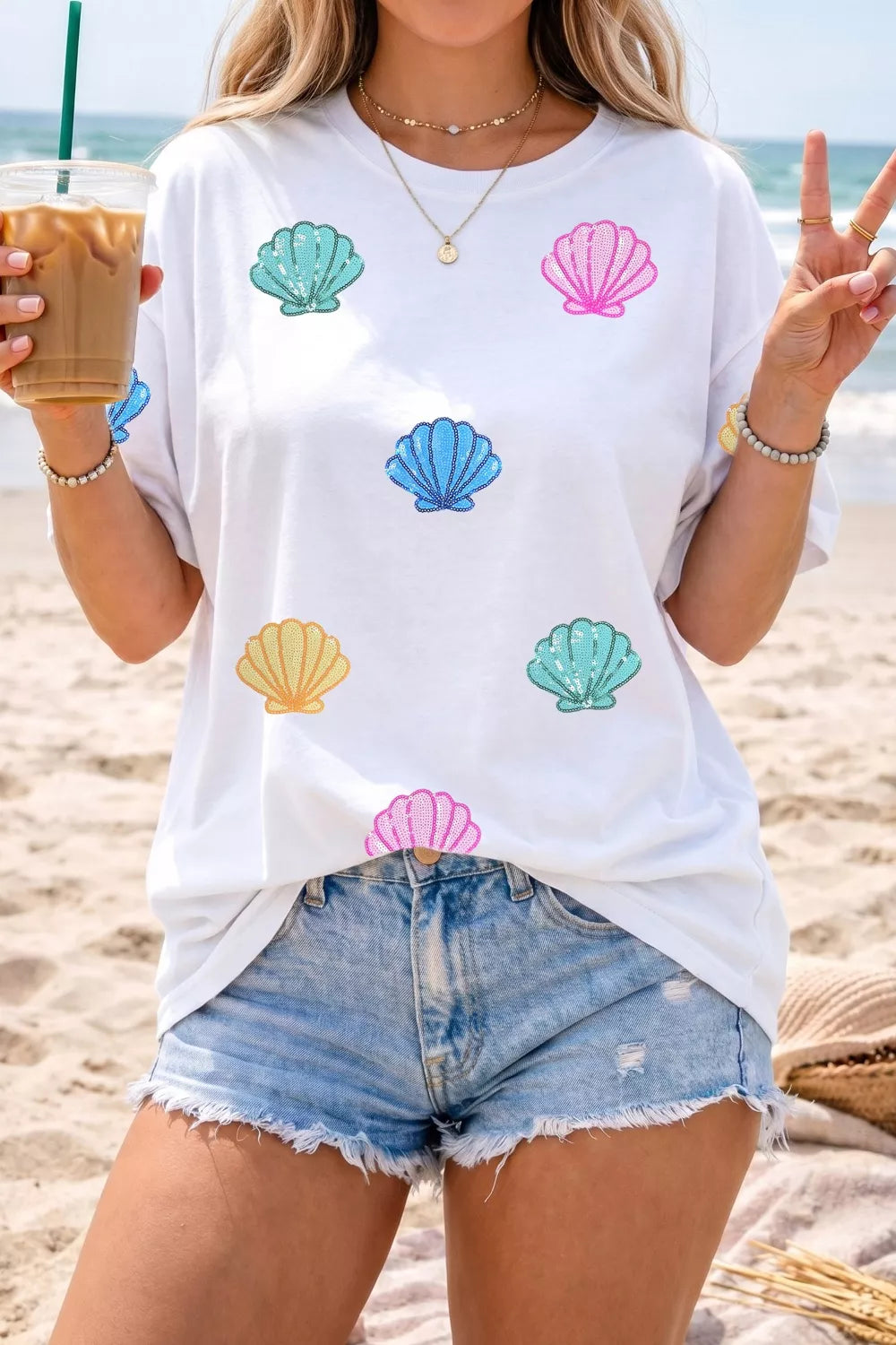 Sequin Shell Graphic Summer Loose T Shirt