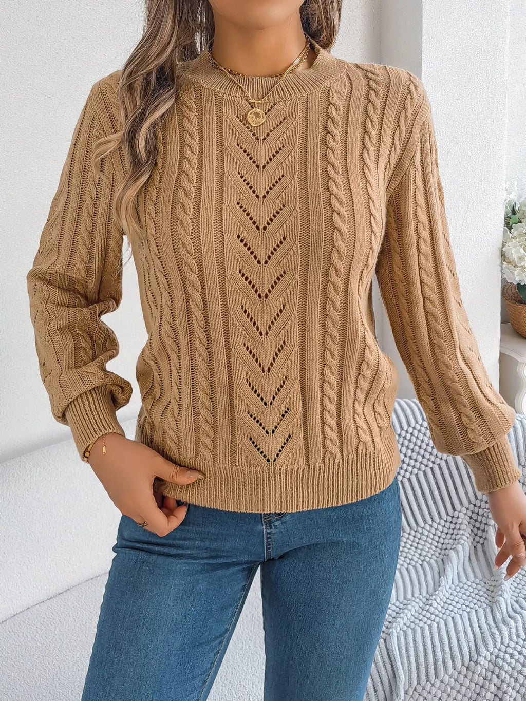 Cable-Knit Round Neck Sweater