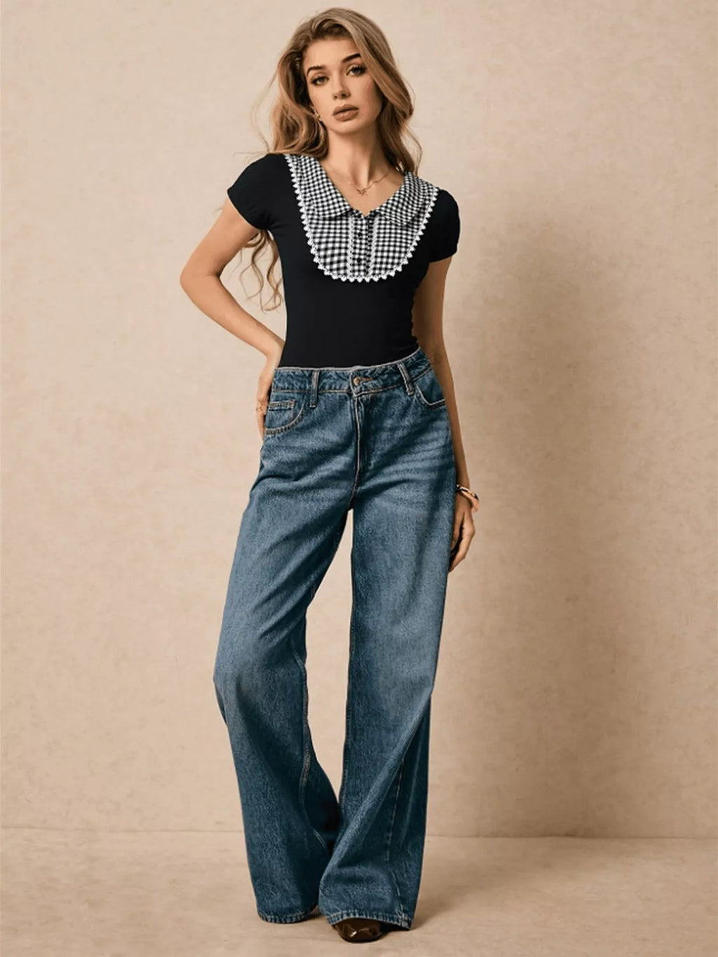 Gingham Collar Slim Fit Blouse