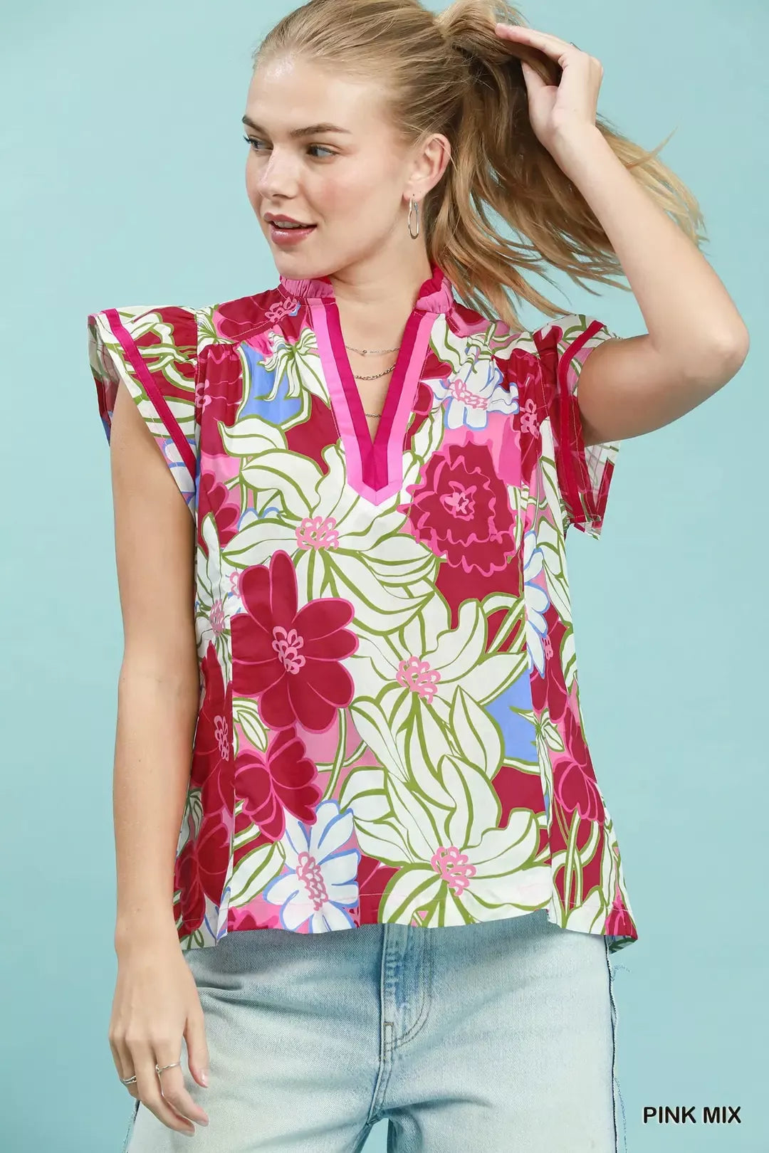 Umgee Bold Floral Flutter Sleeve Top