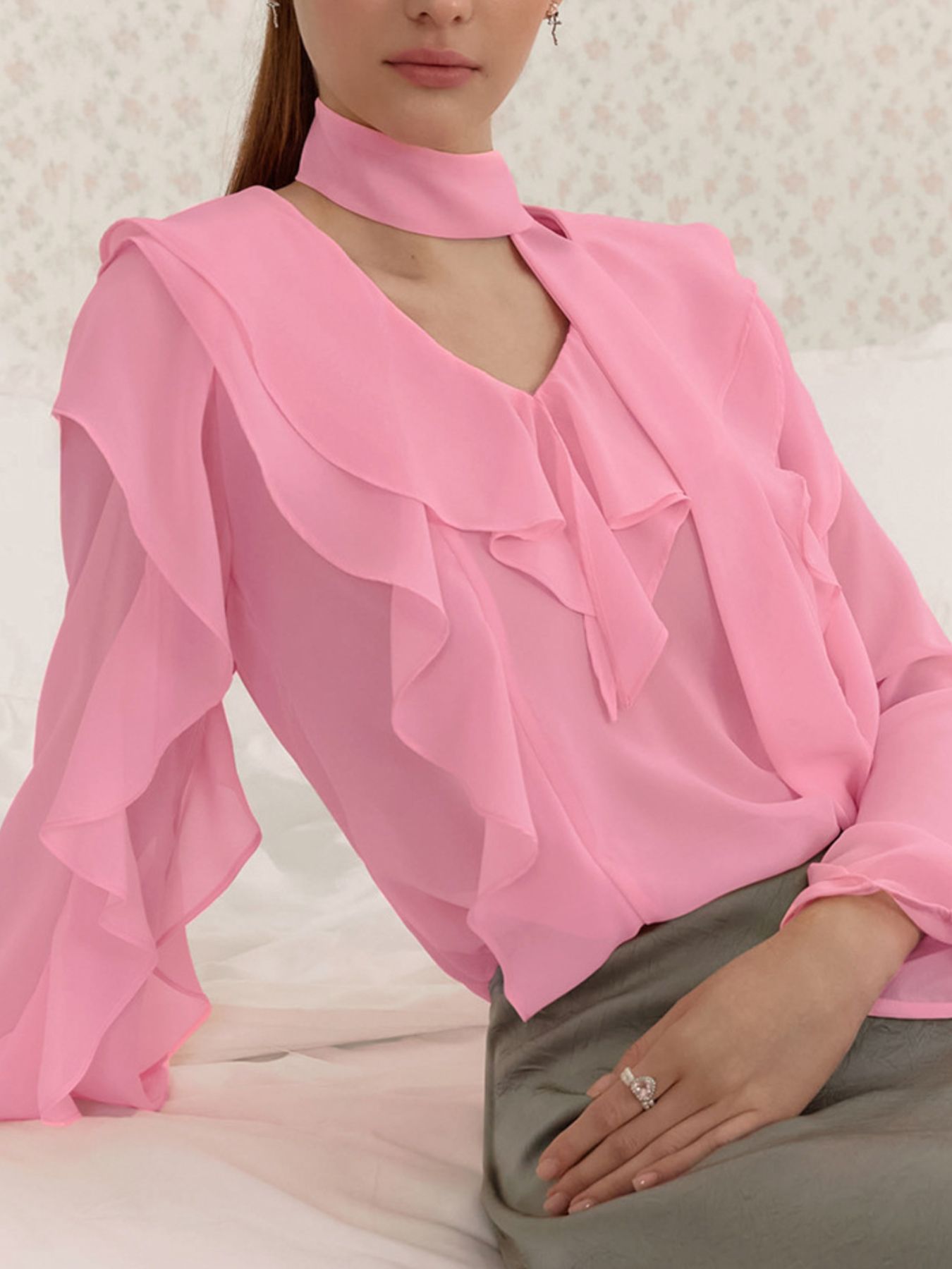 Ruffle Trim Chiffon Blouse