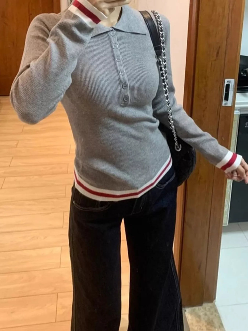 Slim Fit Ribbed Button Detail Knit Top
