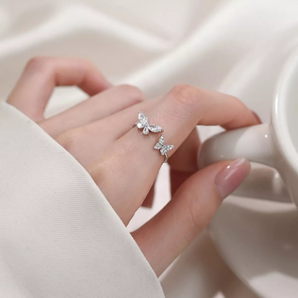925 Sterling Silver Zircon Butterfly Open Ring