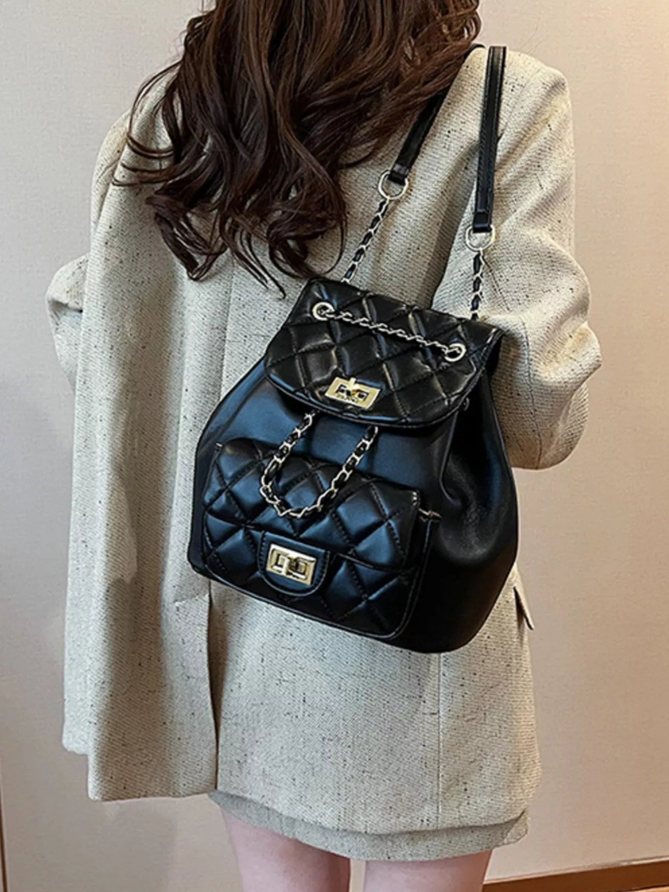 Quilted Chain Decor Backpack Bag
