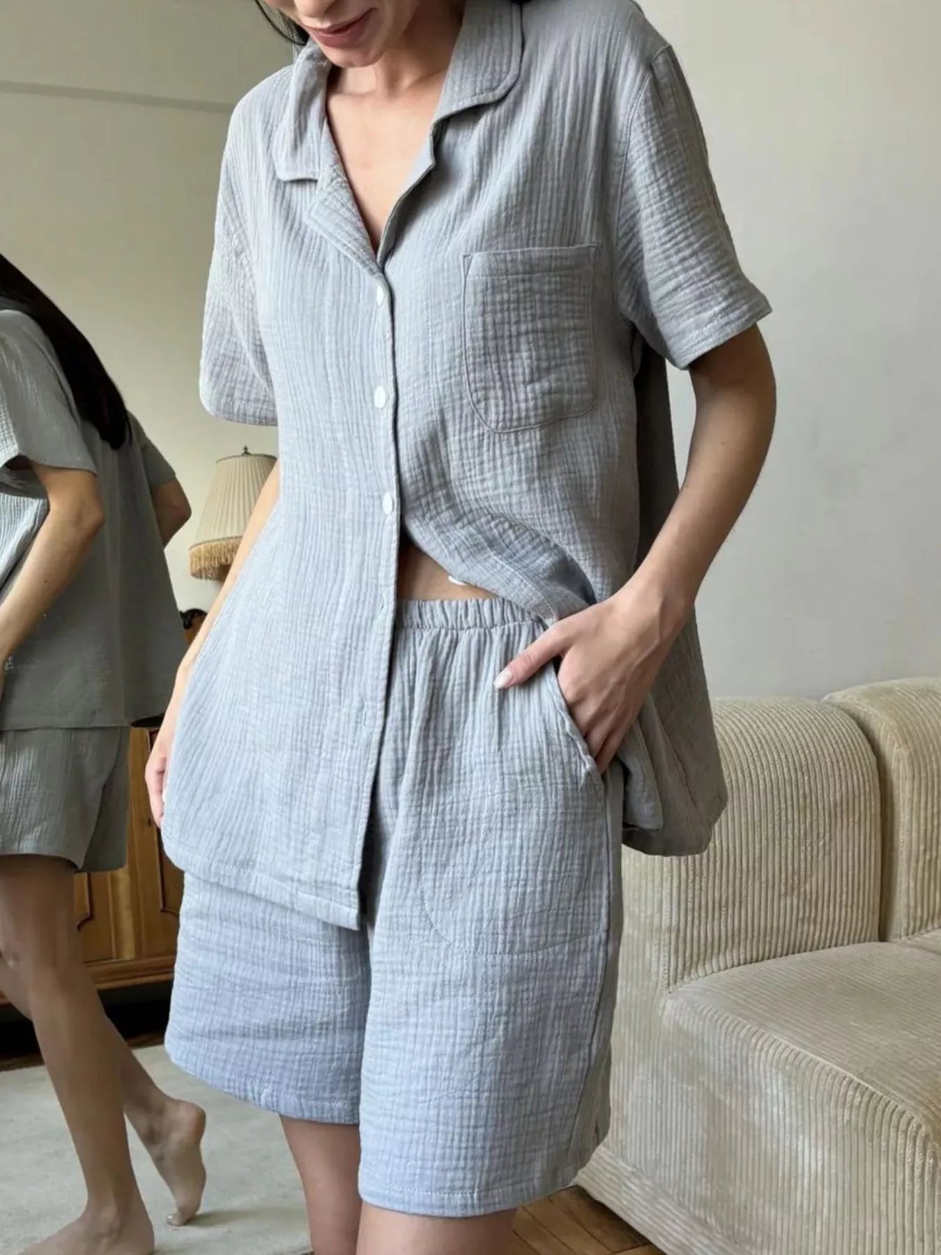 Button Up Short Sleeve Shirt and Shorts Set