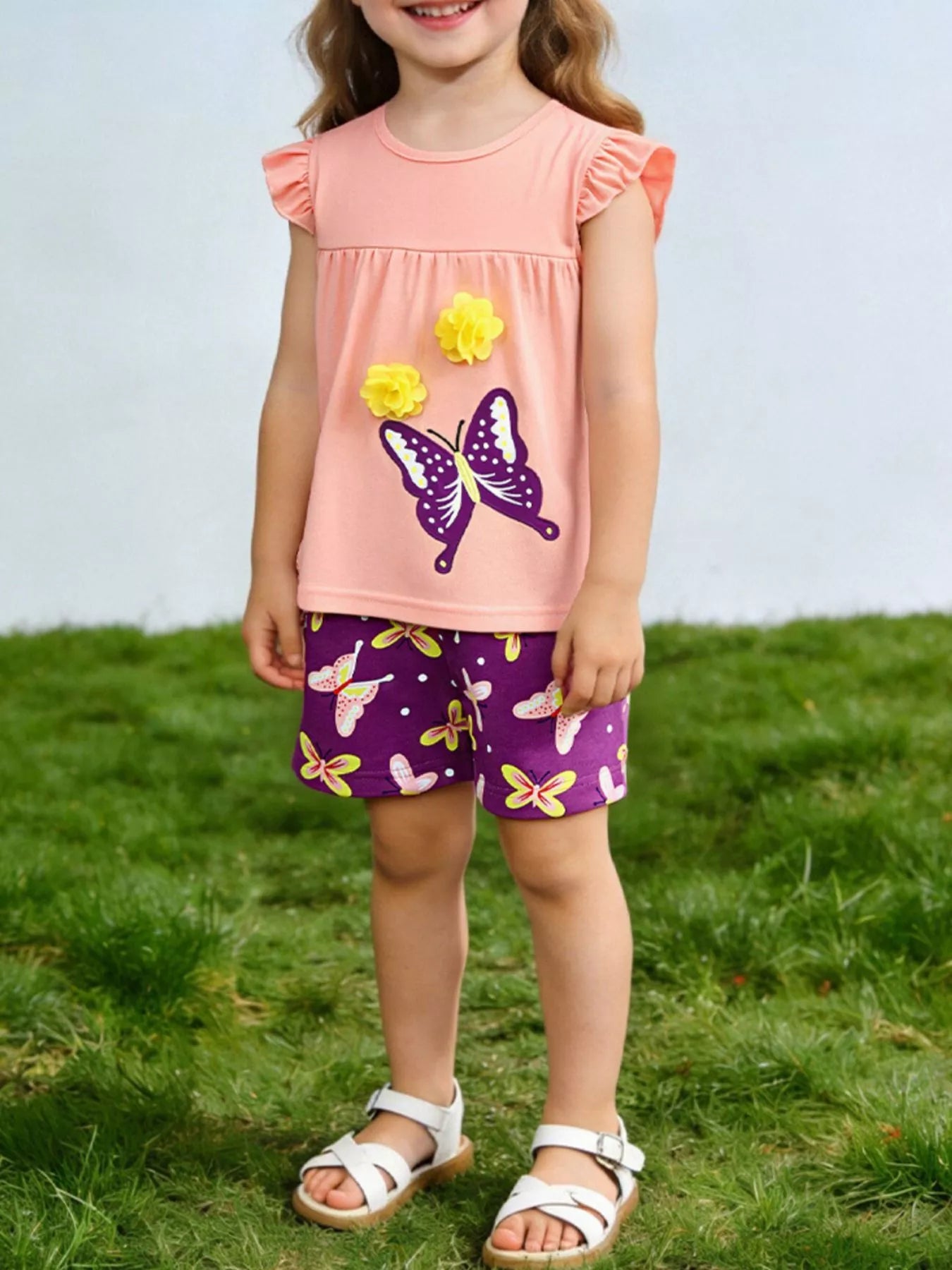 Children's Butterfly Ruffle Sleeve Top & Shorts Set