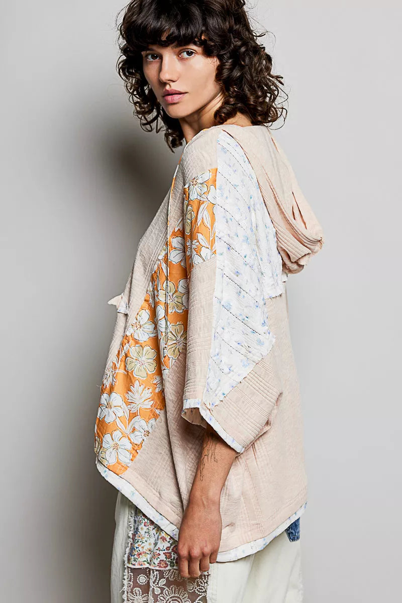 POL Floral Star Patch Hooded Blouse with Lace Contrast Detail