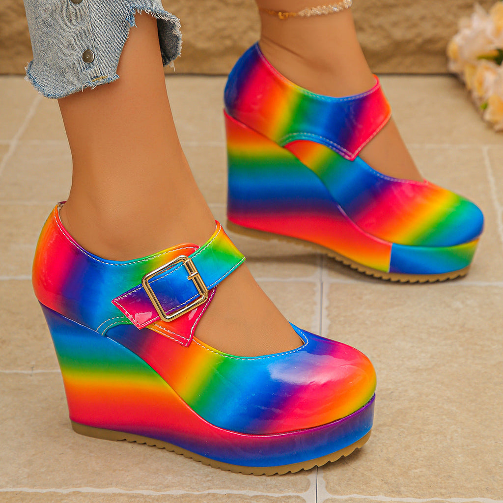Colorful Round Toe Wedge Mary Jane Loafers