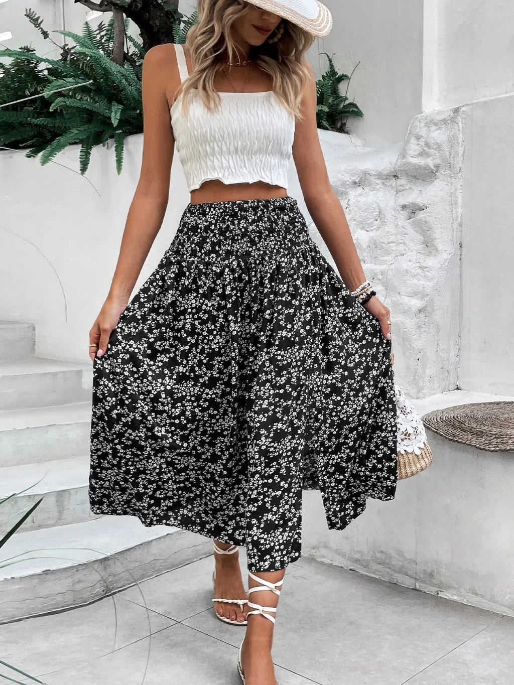 Slit Smocked Printed Skirt
