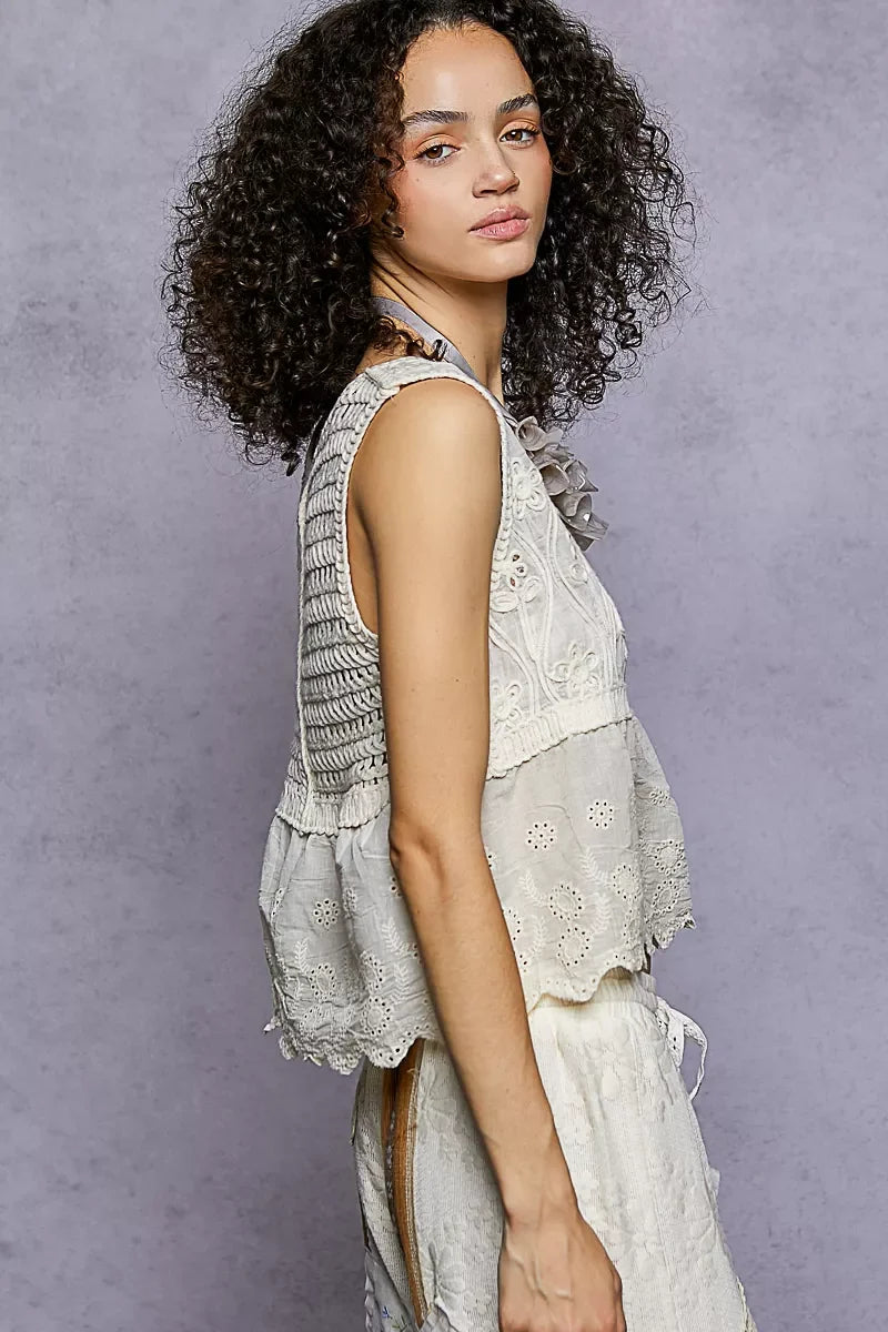 POL Sleeveless Flowy Fit Crochet Top with Scalloped Border Accents