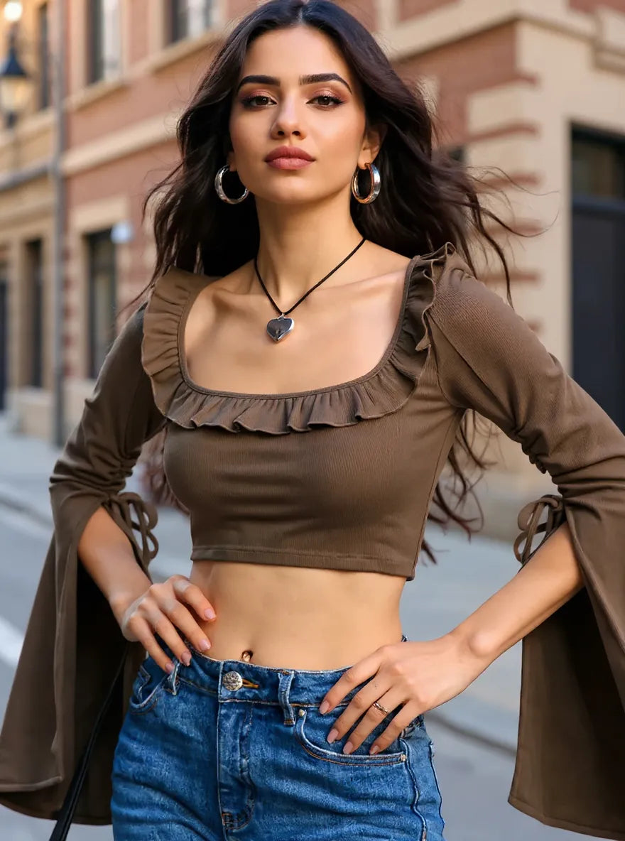 Ruffled Square Neck Long Sleeve Top