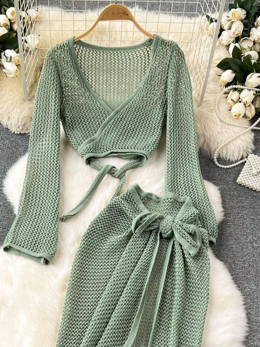 Knitted Crop Top and Slit Skirt Set