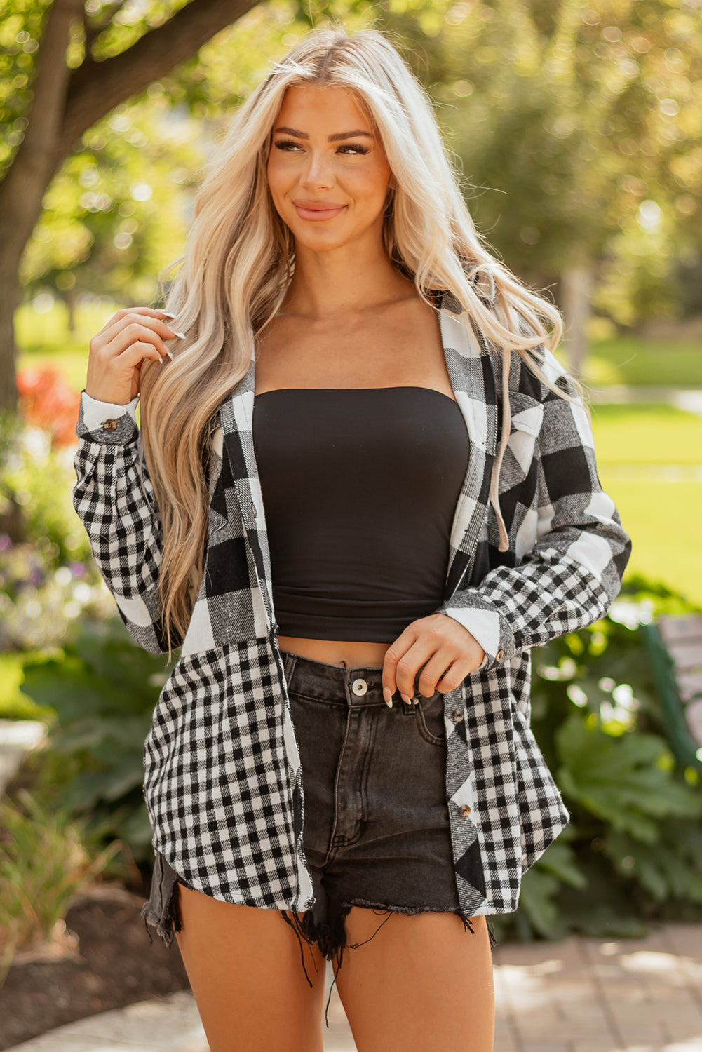 Plaid Patchwork Drawstring Hooded Shacket
