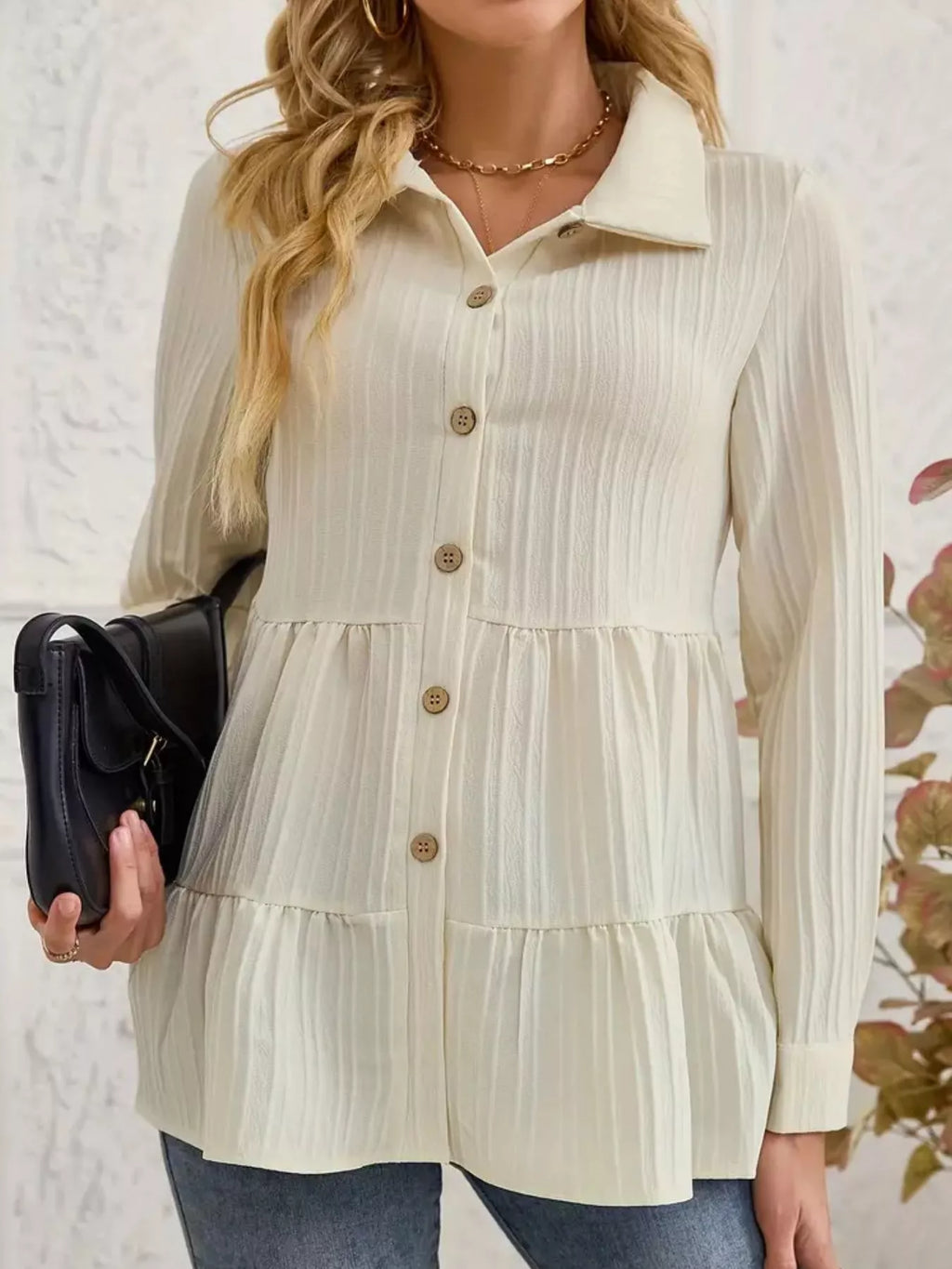 Button-Down Long Sleeve Tiered Shirt