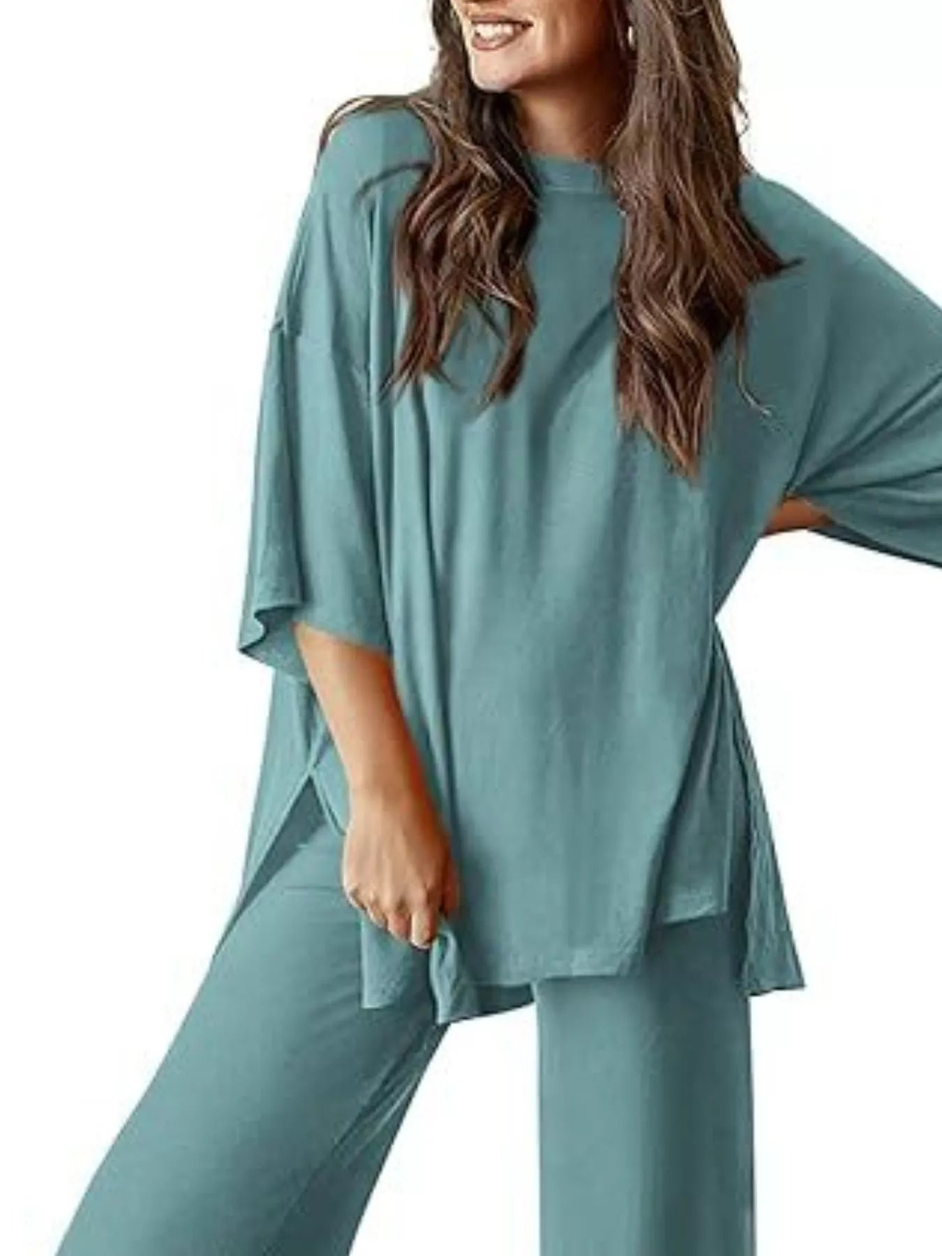 Relaxed Fit Round Neck Top and Pants Two-Piece Set