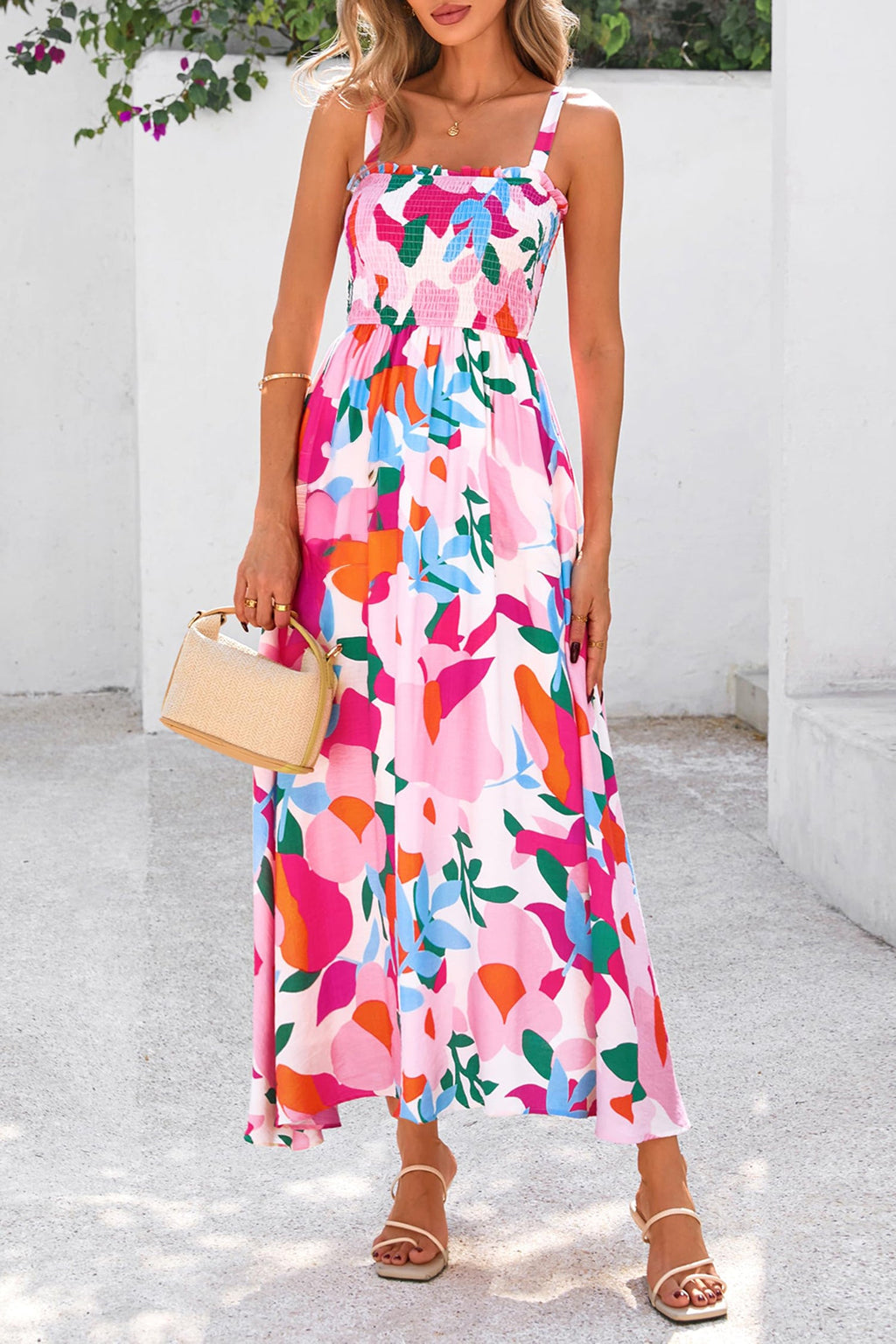 Abstract Floral Smocked High Waist Maxi Sundress