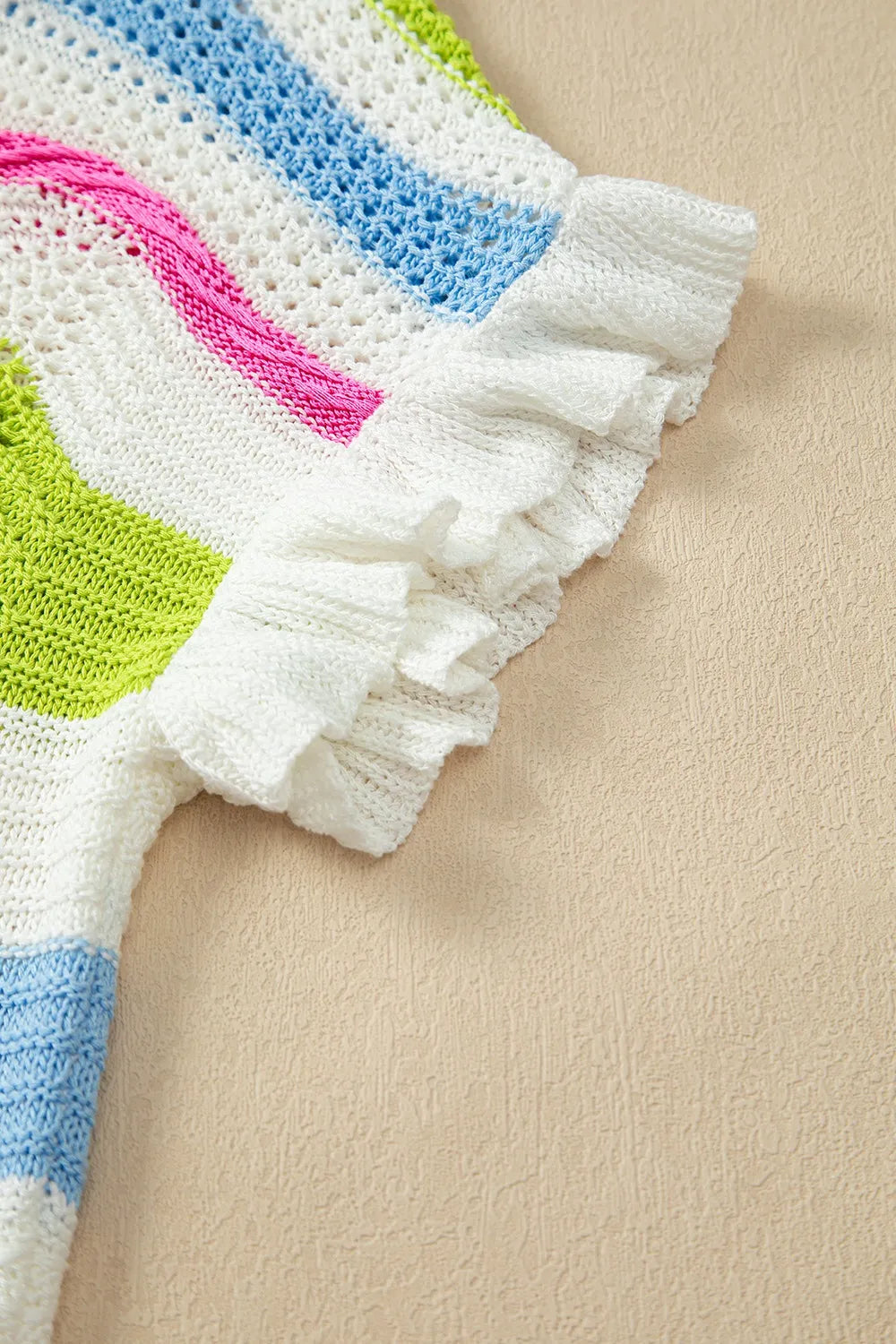 Color Block Crochet Ruffled Short Sleeve Knit Top