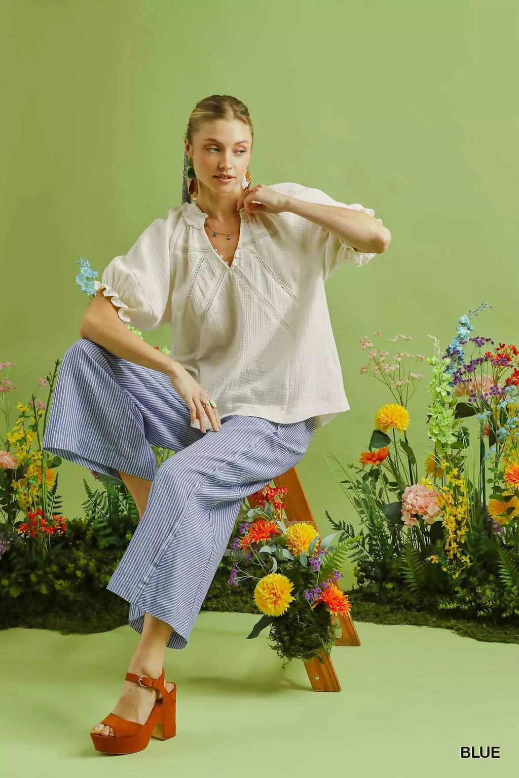 Umgee Linen Blend Striped Wide Leg Pants
