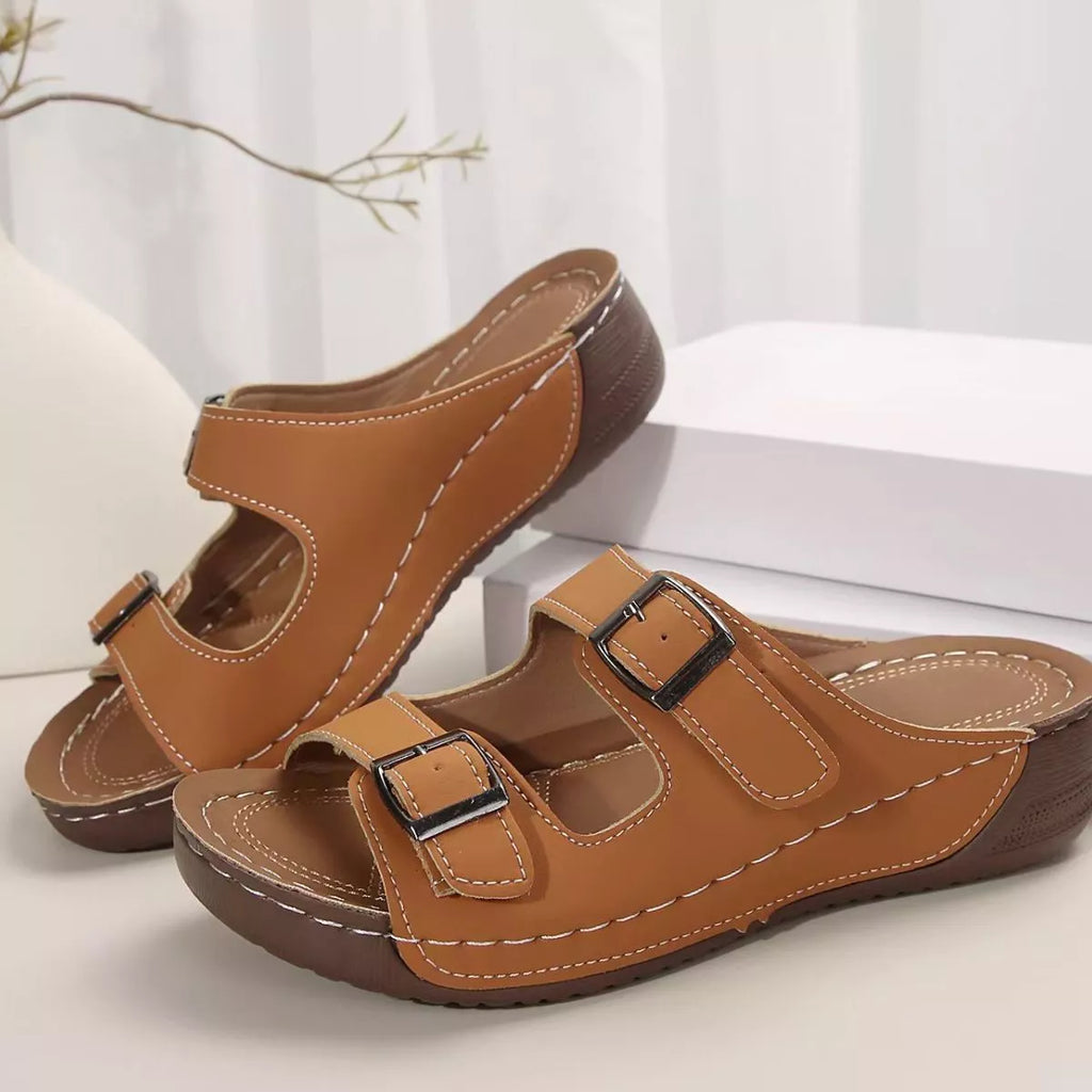 Double Buckle Wedge Sandals