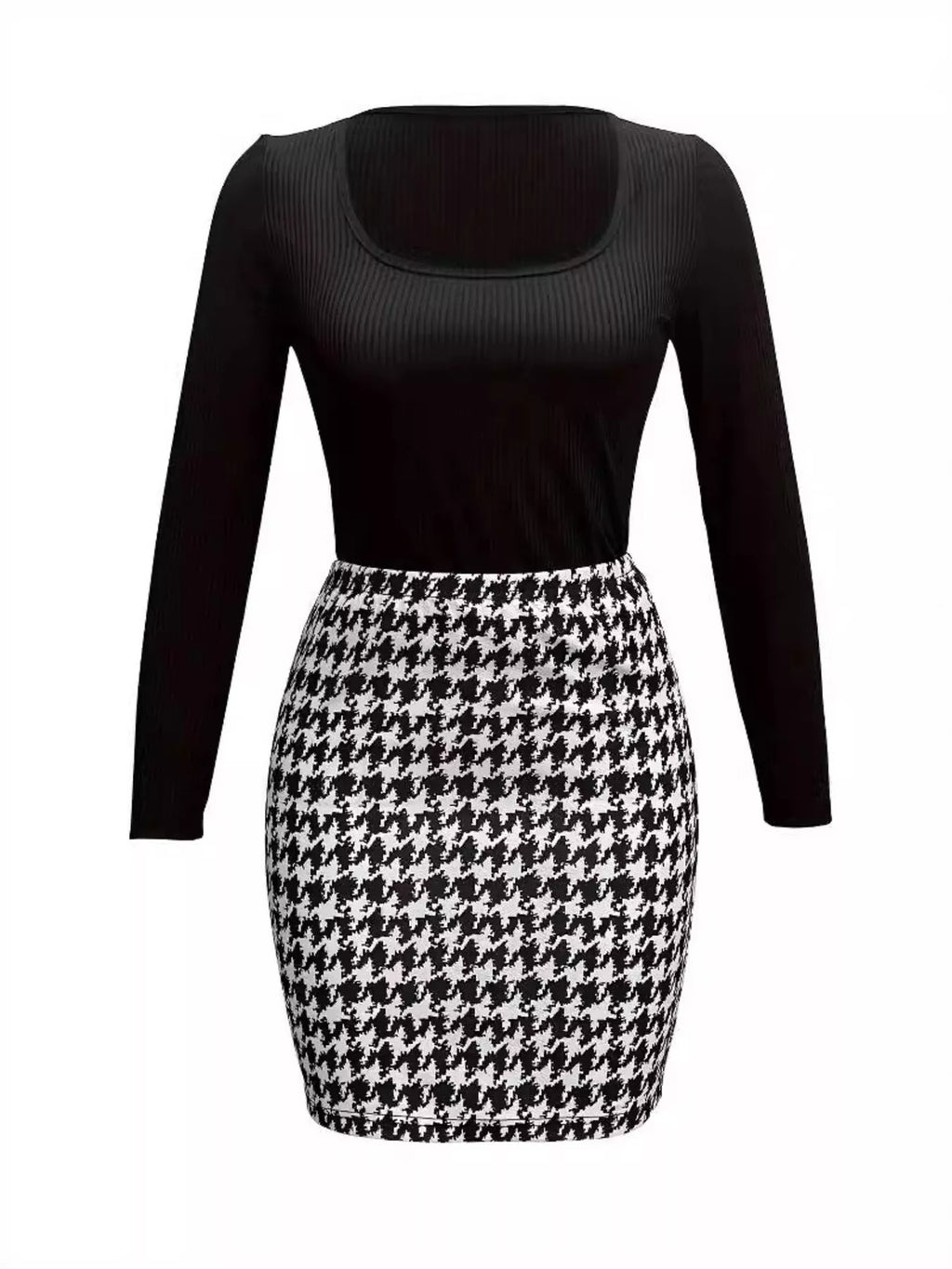 Long Sleeve Top and Houndstooth Skirt Set