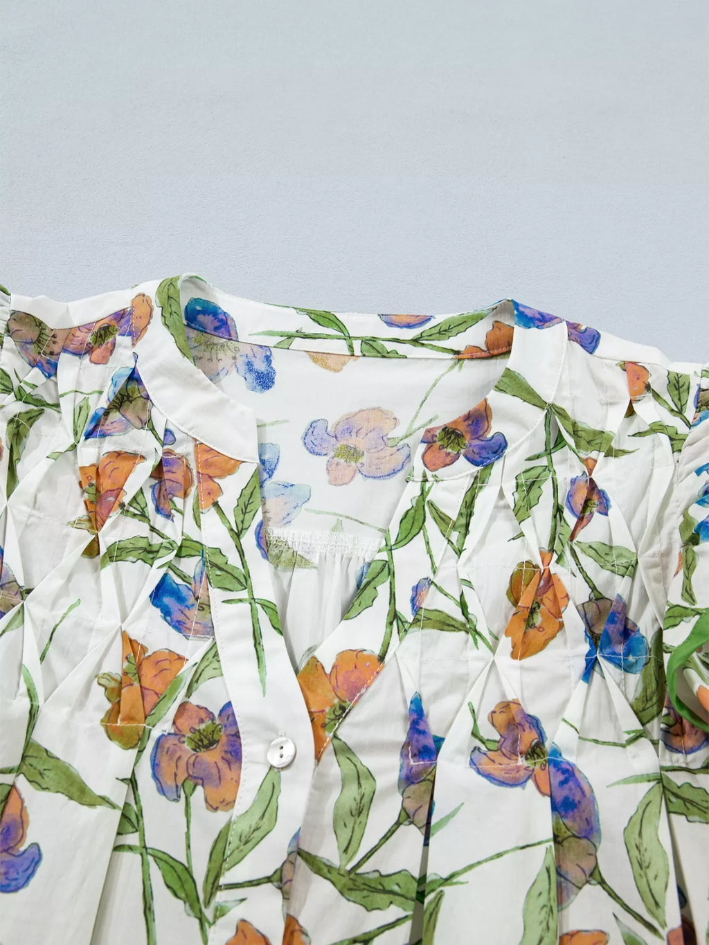 Floral Print Ruffle V-Neck Pressed Pleats Binding Tape Cotton Blouse