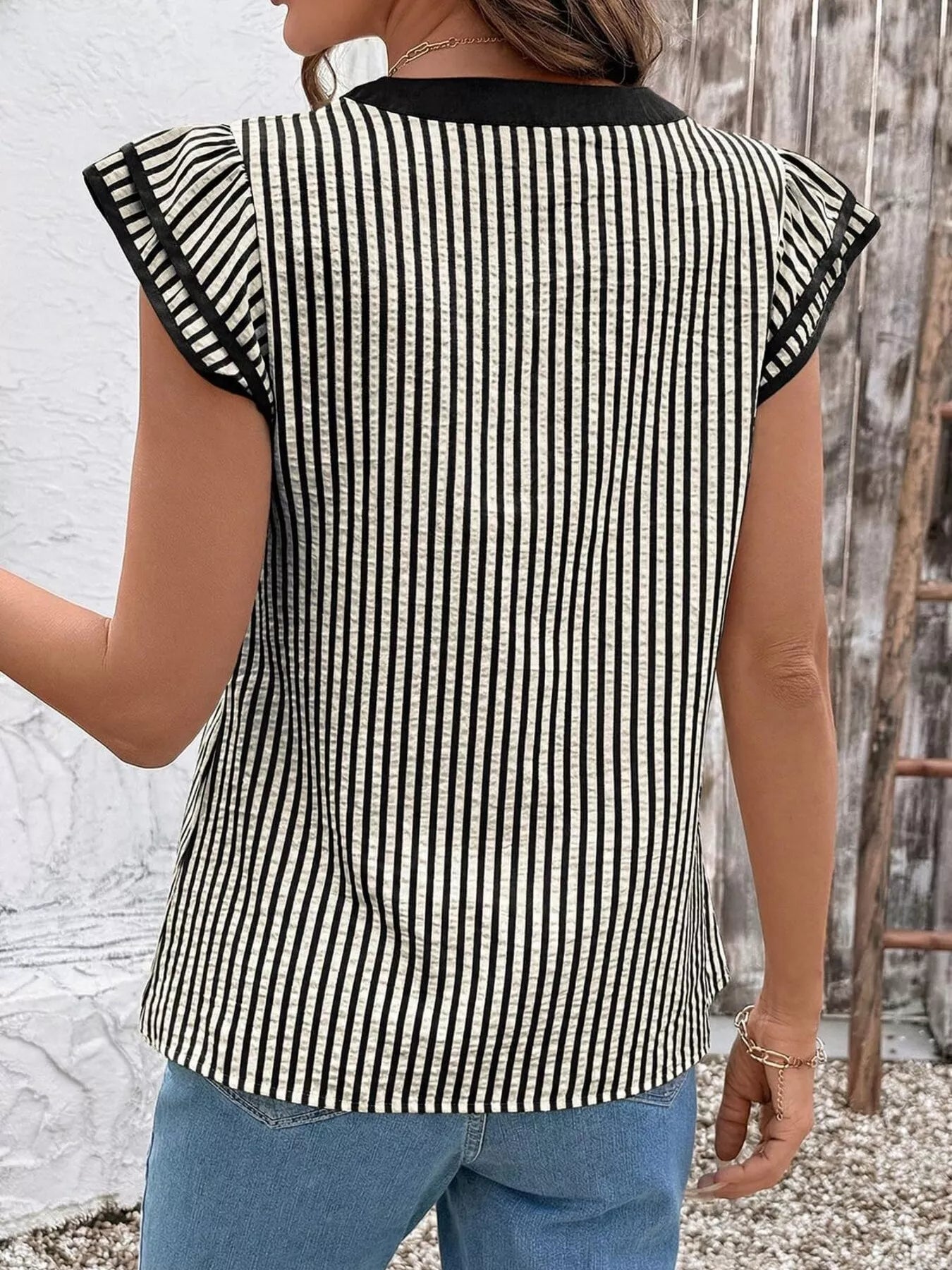 Striped Ruffle Sleeve Blouse