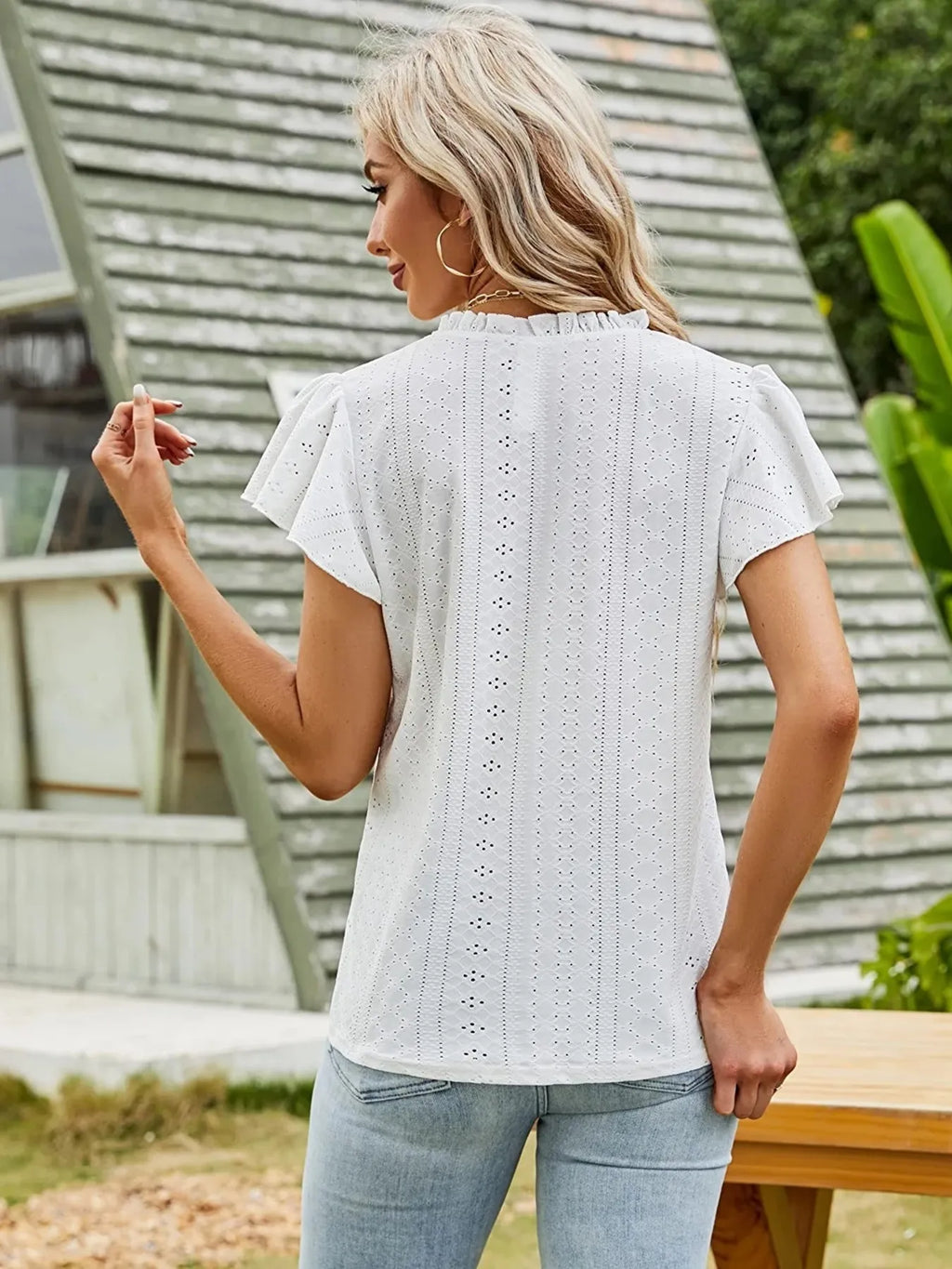 Eyelet Notched Short Sleeve T-Shirt