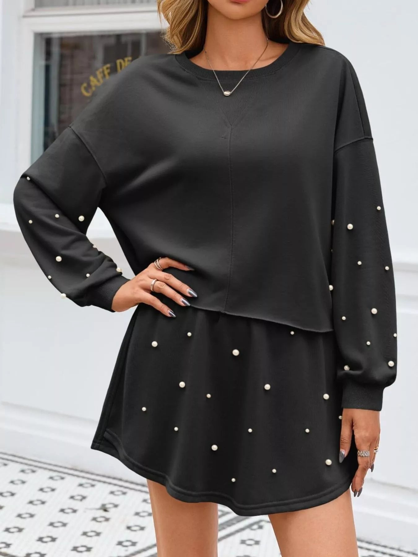 Pearl Embellished Round Neck Top and Skort Set