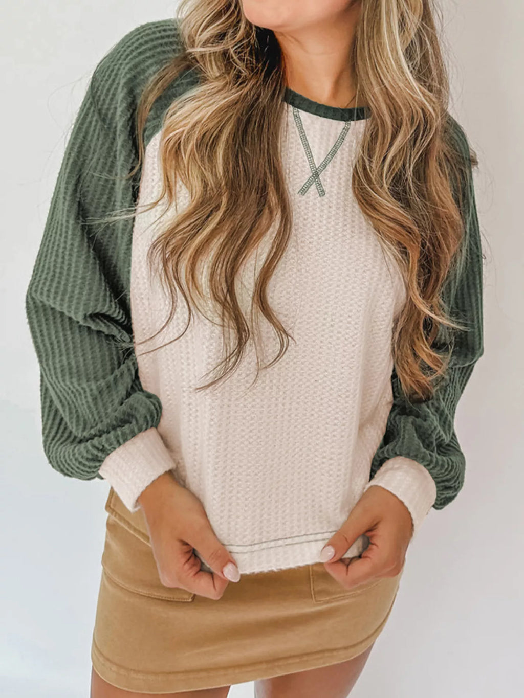 Waffle Color Block Raglan Sleeve Top